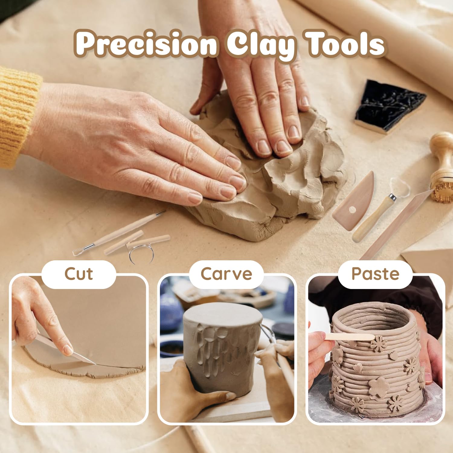 Gleamkid Kit de arcilla seca al aire para adultos, kit de cerámica para principiantes para adultos, juego de cerámica de 43 piezas con pinturas acrílicas, sellos y herramientas, perfecto para