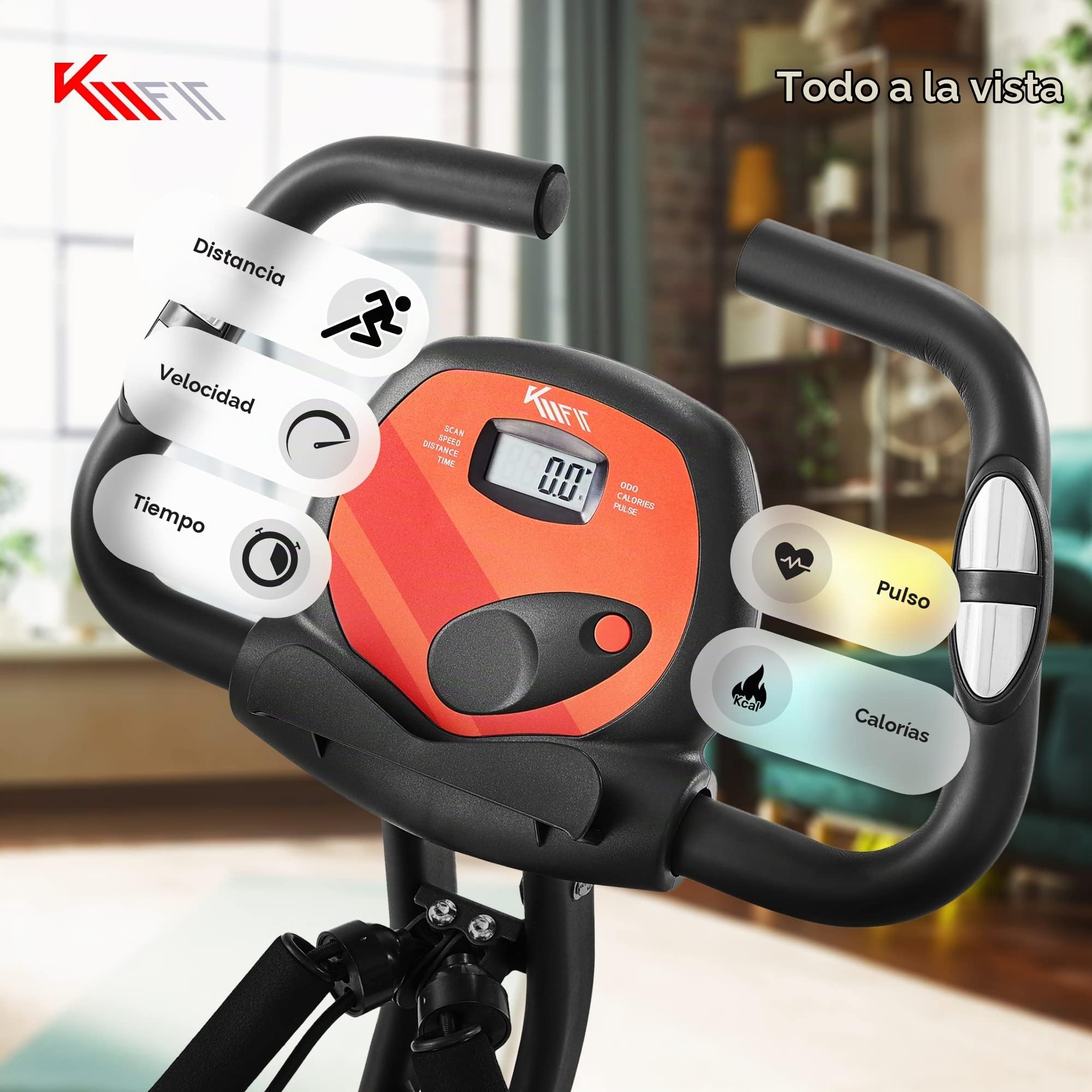 KM Fit 2en1 Bicicleta estatica con pantalla LCD | Bicicleta estatica plegable | Entrenador 16 niveles de resistencia | Sensores de pulso | incl. alfombrilla y soporte para móvil