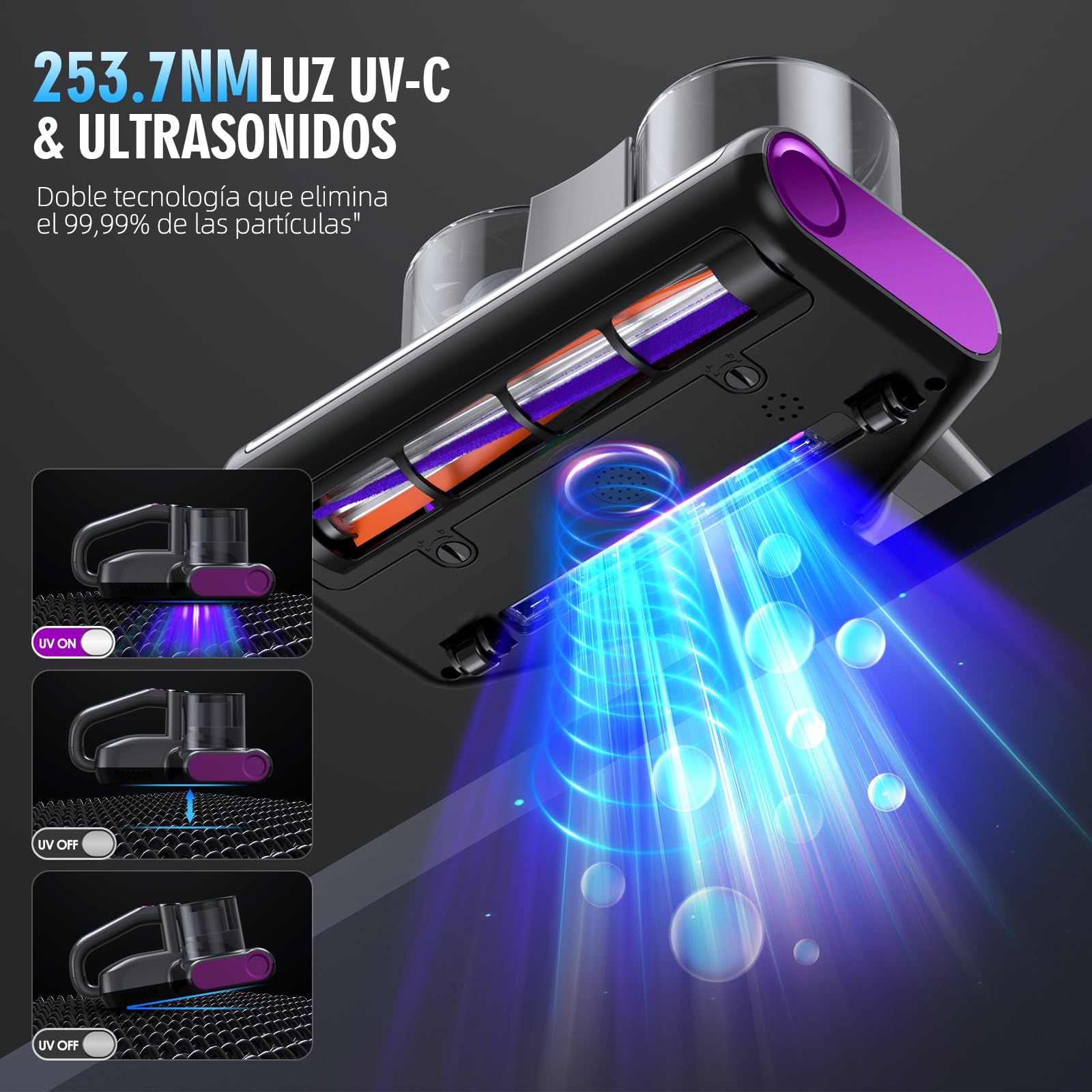 Aspiradora de ácaros para Colchones con Luz UV de 253,7 NM y 16 kPa Aspiradora Antiacaros Calentamiento Cepillo Giratorio Ultrasónica Filtro HEPA Puerto de Succión Ampliado