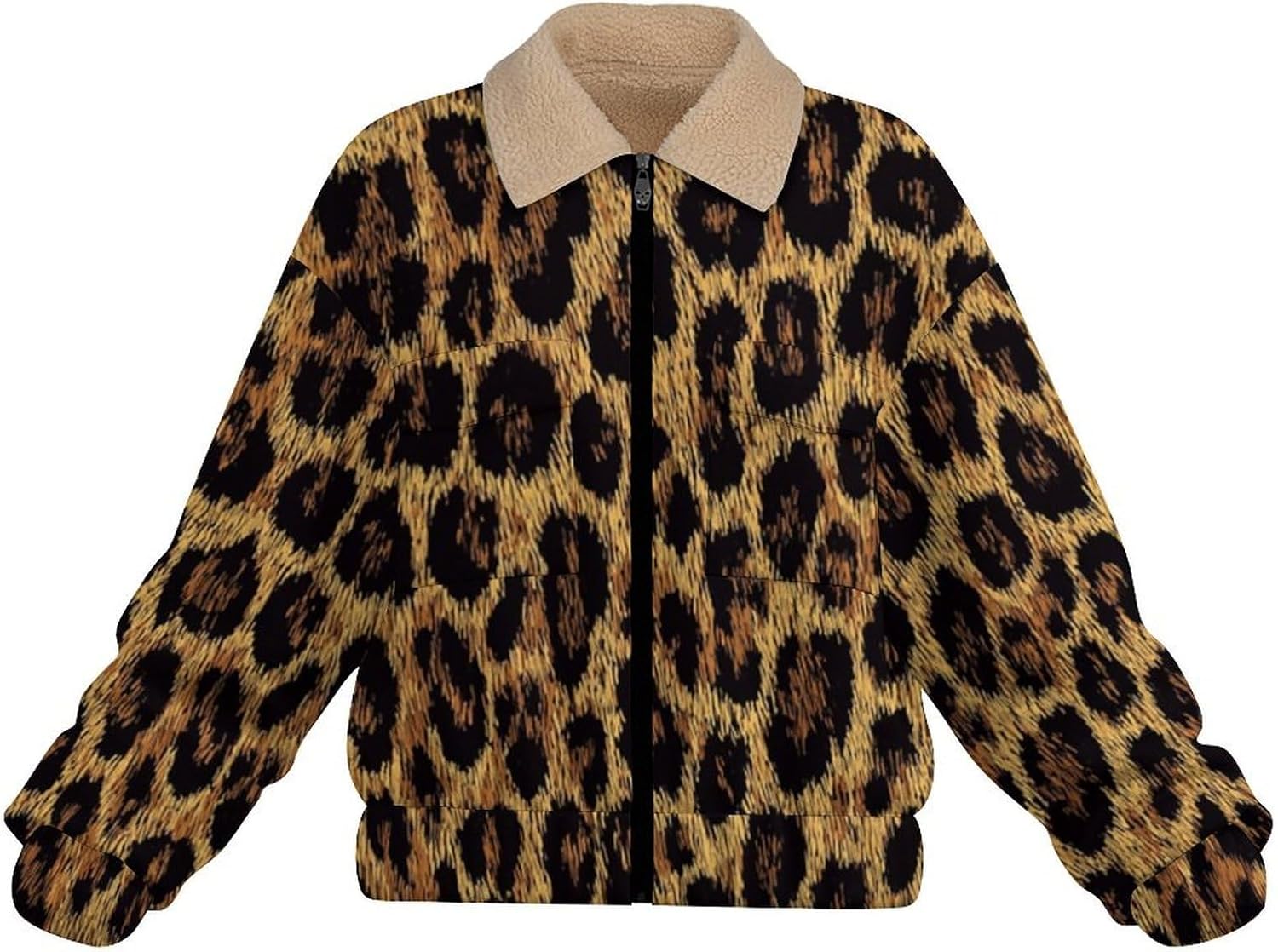 Women Winter Sherpa Lined Fleece Jacket, Long Sleeve Zip Up Retro Leopard Print Cropped Coats Warm Polar Outwear