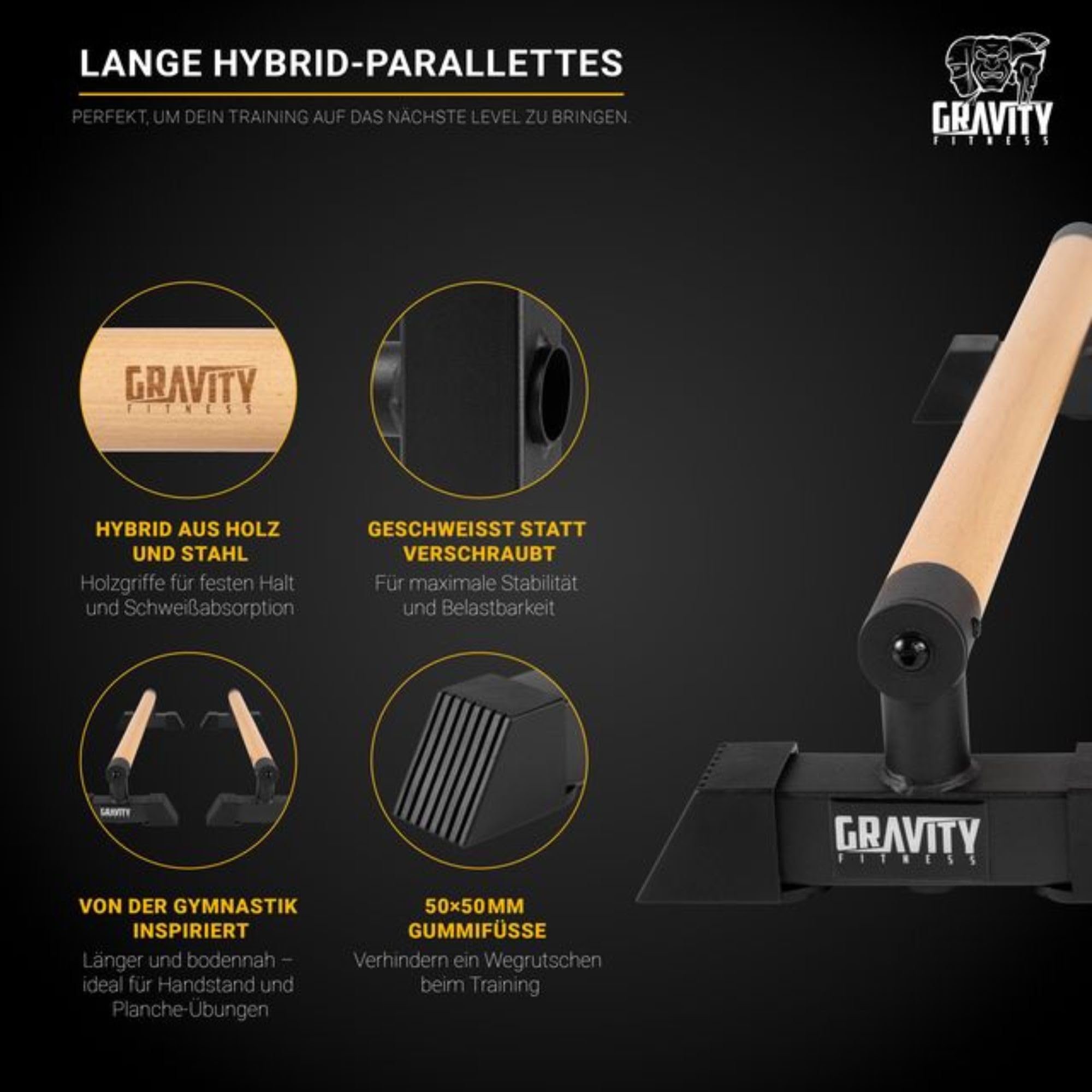 Gravity Fitness Paralletes, Hybrid-Holz- und Stahlgymnastik inspirieren P-Stangen für Calisthenics, Handbalancing, kommerzielle Qualität, aber geeignet für zu Hause