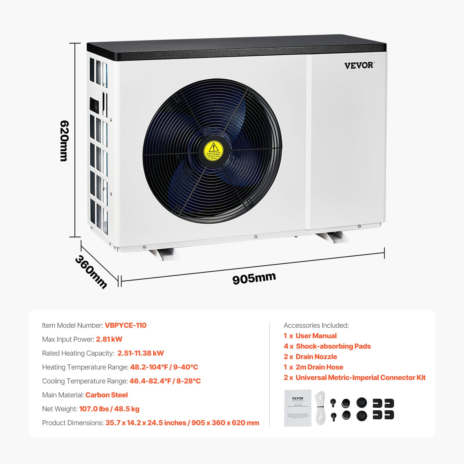 VEVOR Elektrische Pool-Wärmepumpe, 2,51–11,38 kW Heizleistung, energiesparende Poolheizungen mit variabler Frequenz für 25–50 m³ Aufstellpools, Heiz- und Kühlpool-Warmwasserbereiter AC 220–240 V 50 Hz