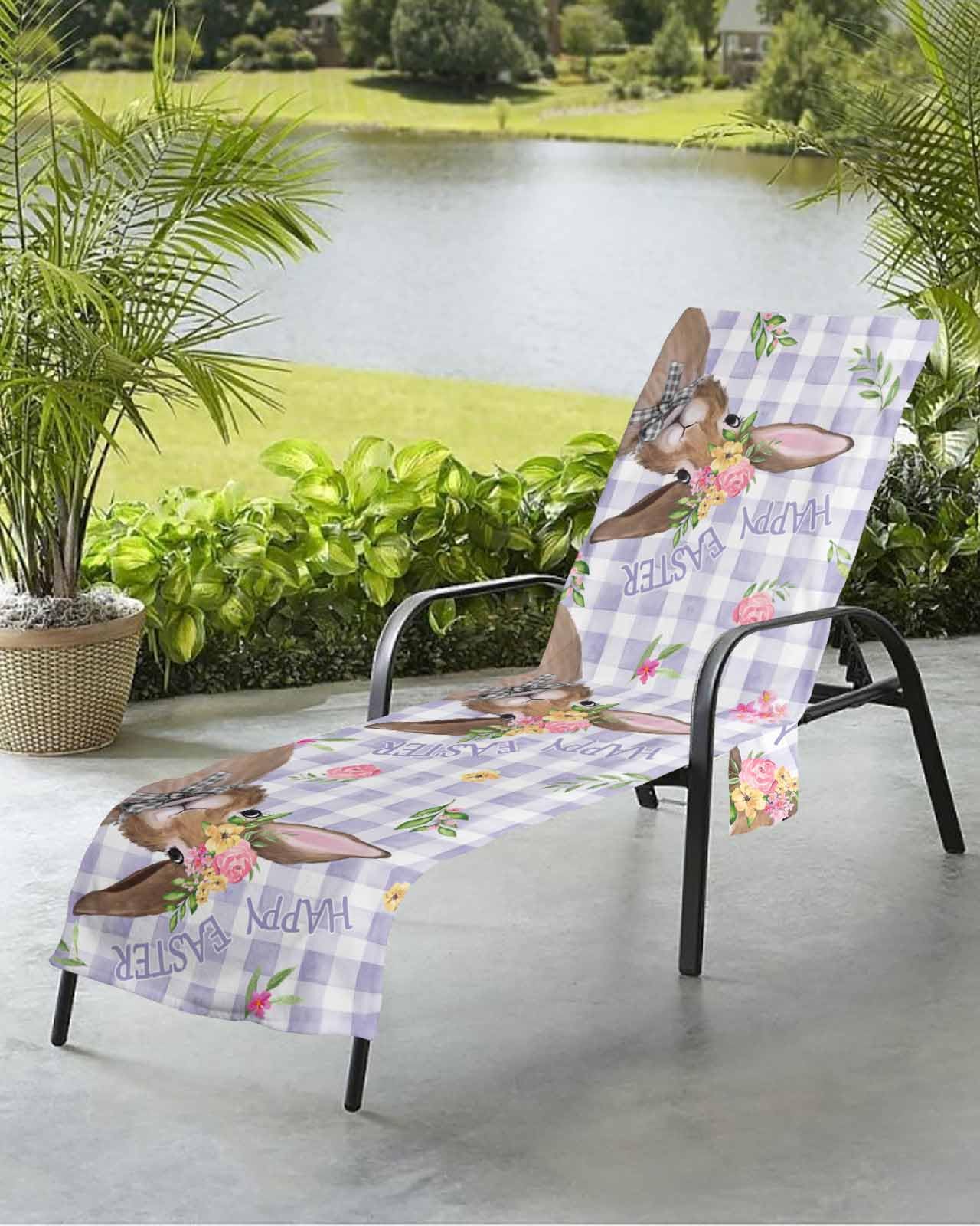 Cute Easter Bunny Beach Chair Towel Covers for Chaise Lounge with Side Pocket, Soft Plush Pool Towels Cover for Patio Sunbathing Outdoor 29''x85'' Purple White Buffalo Plaid Spring Flower
