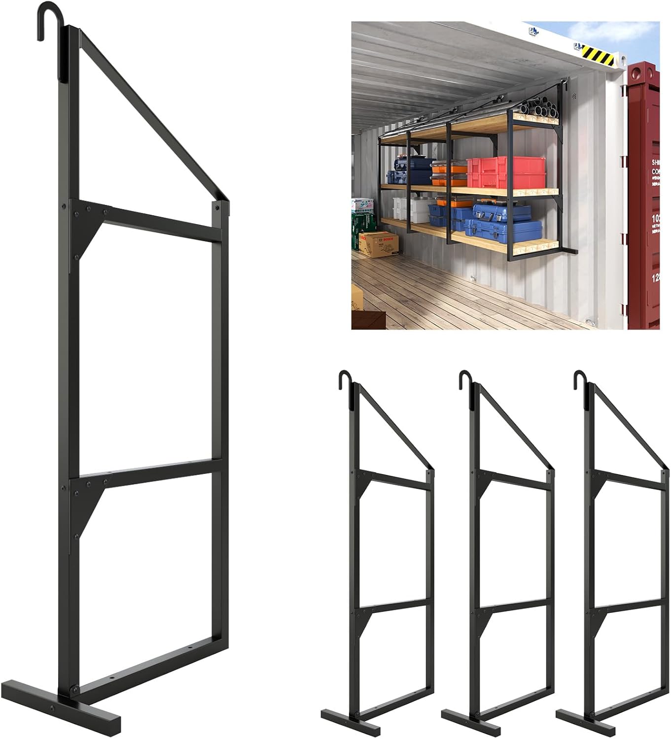 Heavy Duty Shipping Container Shelving Brackets – 4 Pack 3-Tier Steel Storage Rack System, 52" H x 22" W, Universal Container Accessories for Garage, Warehouse, Industrial Use