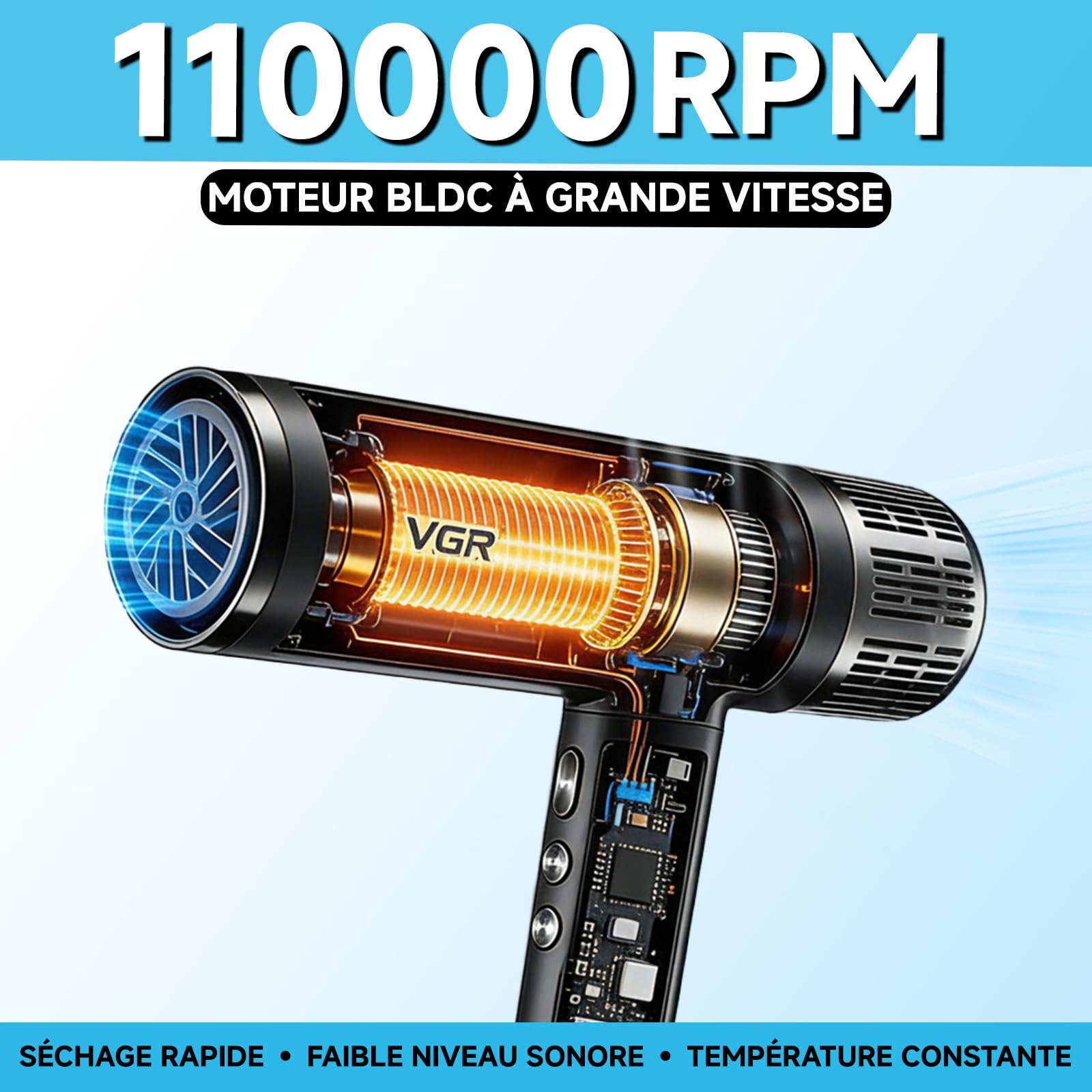 VGR 640 HD Seche Cheveux Diffuseur boucle Professionnel, Seche Cheveux Diffuseur Avec Moteur BLDC 110000 Tr/Min Pour Séchage Rapide, Trois Accessoires De Coiffage Magnétiques, Coque Aarrière Amovible