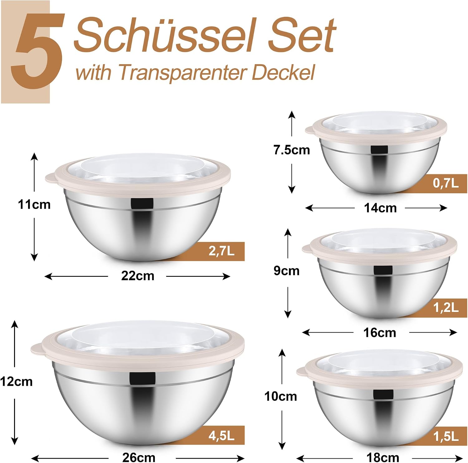 Herogo Mixing Bowl, Set of 5, Stainless Steel Salad Bowl with Transparent Airtight Lid, Bowl Set for Baking, Serving, 4.5L/2.7L/1.5L/1.2L/0.7L, Stackable, Dishwasher Safe, Khaki image 2