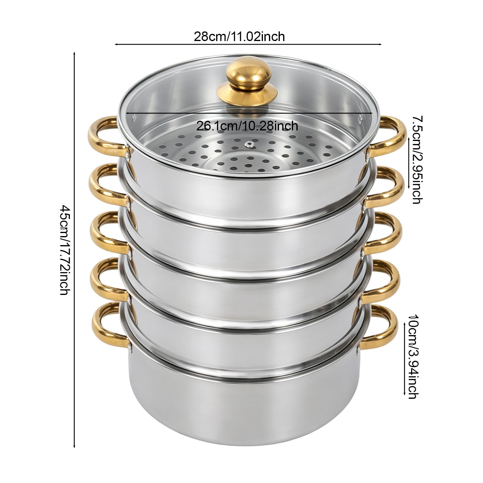 Pentola a vapore a 5 piani in acciaio inox, 26/28/30 cm (28 cm)