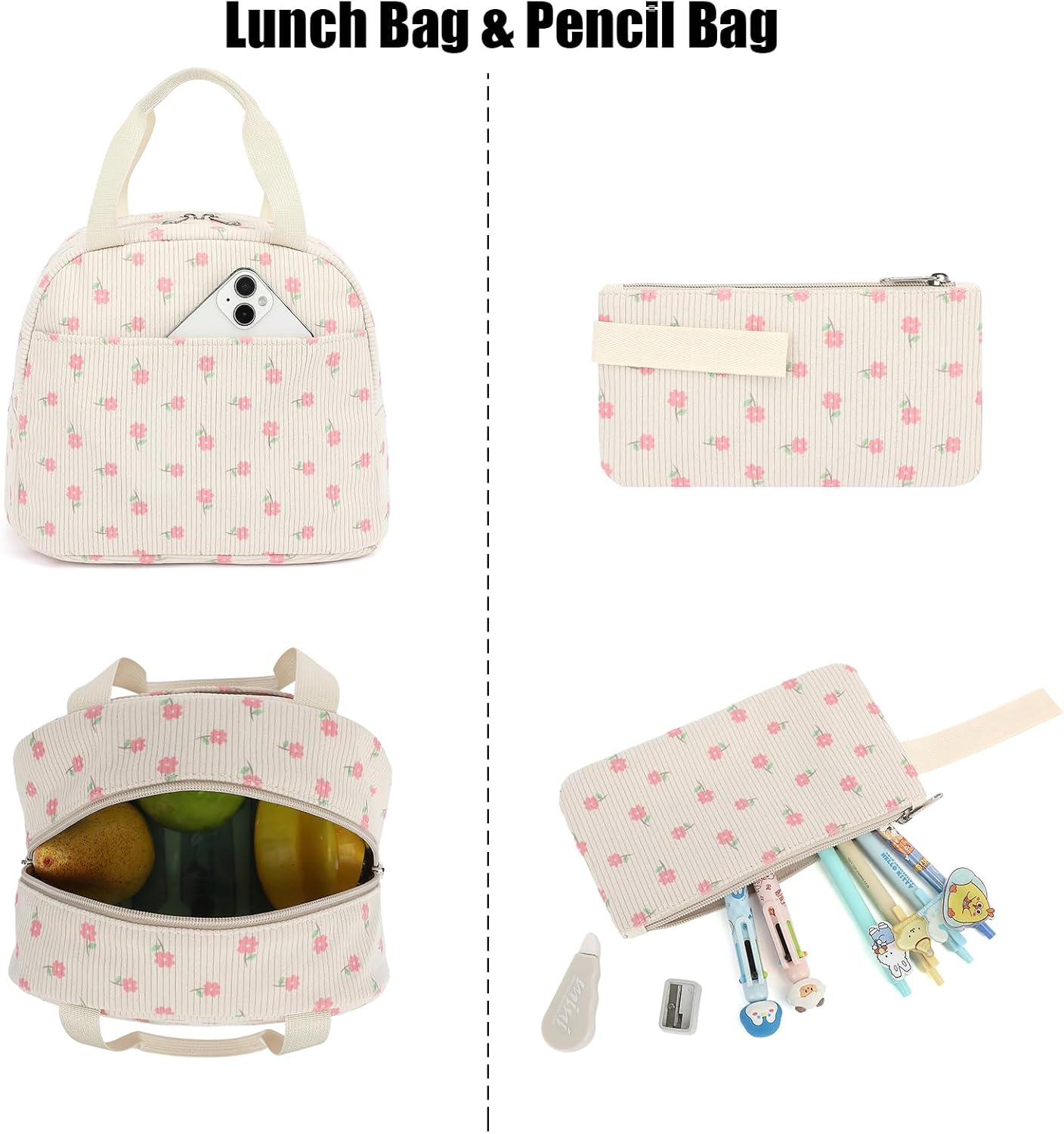 Corduroy School Backpack for Girls Boys, Kids Teens School Bookbags Schoolbag Set with Lunch Box Pencil Bag (Corduroy Pink Flower)