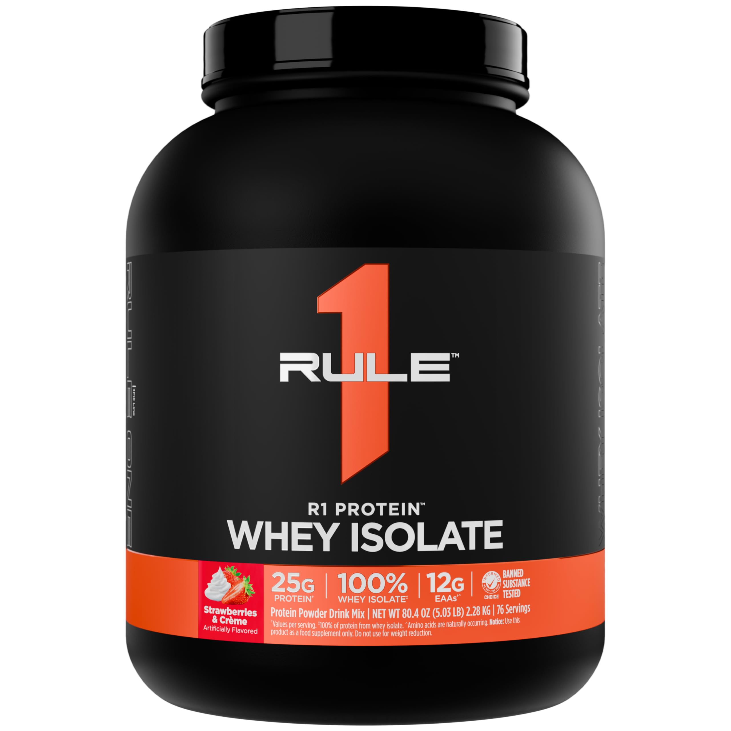 Rule 1 Whey Protein Powder| Strawberries & Cream 100% Whey Protein Isolate & Whey Protein Hydrolysate Formula| 76 Servings 5.03 Lbs (2.28 kg) Strawberries & Crème 76 Servings (Pack of 1)