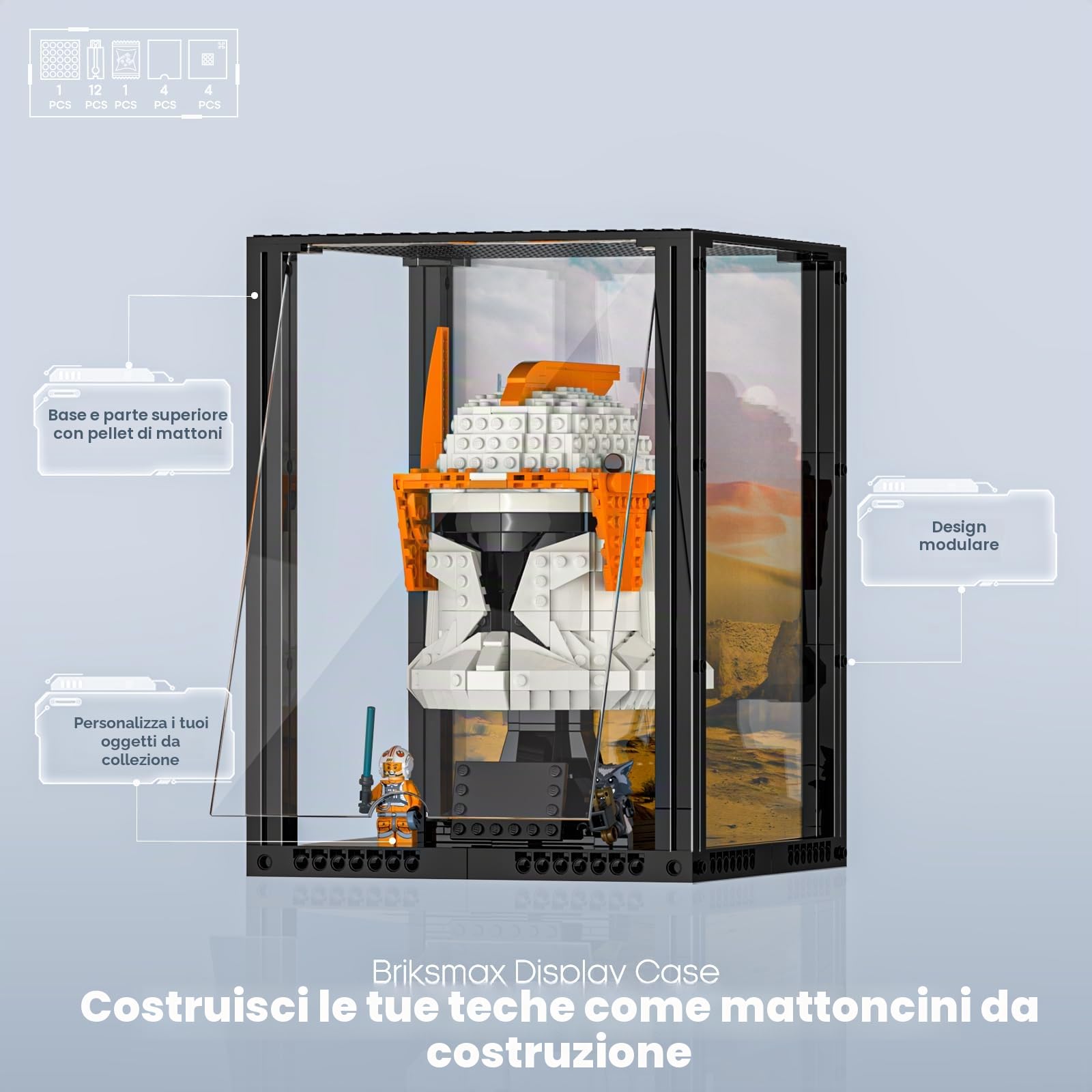 Briksmax Espositore in acrilico per elmetti da collezione LEGO, scatola protettiva antipolvere trasparente assemblata con cartone stampato, regalo per collezionisti LEGO (19,6 x 19,6 x 25,4 cm) (senza