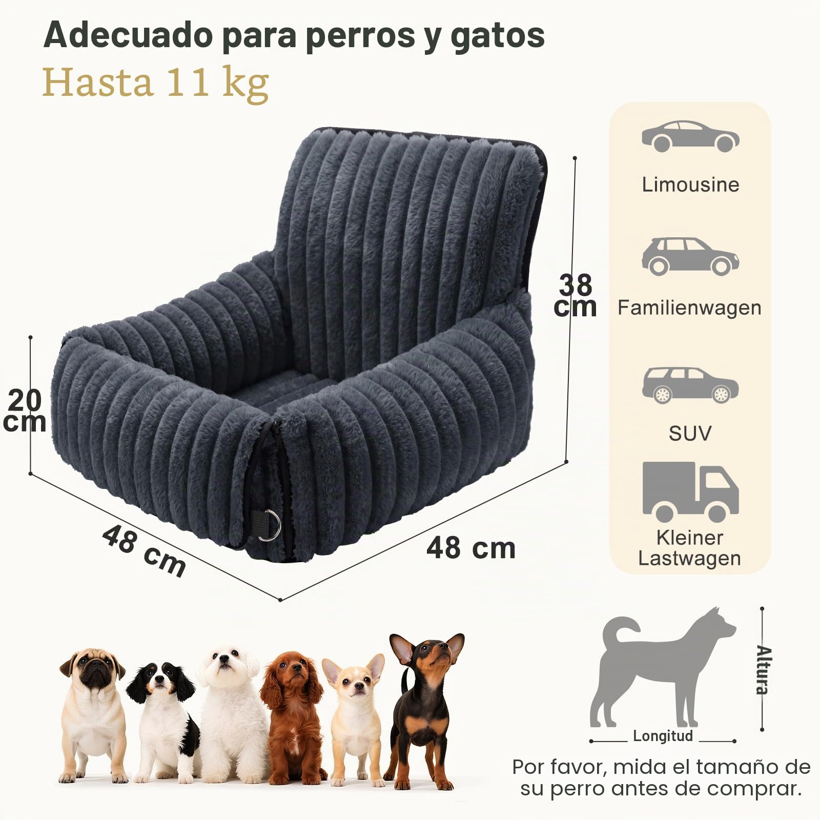 MIXJOY Asiento de Coche para Perros pequeños y medianos, extraíble y Lavable, Correa con inserción, Relleno de Espuma viscoelástica Espesa, para Asiento Trasero y Delantero (Ggris)