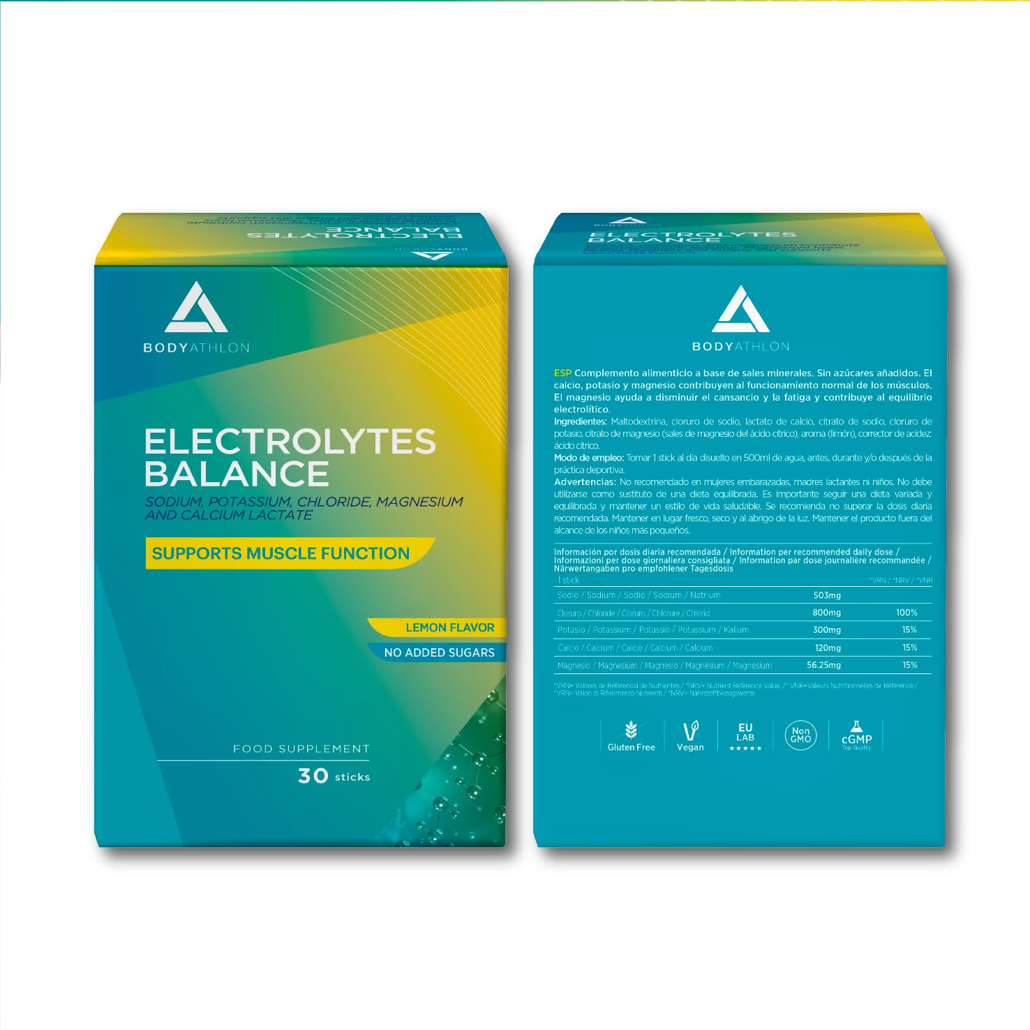 Electrolitos Sin Azucar en Polvo 1779mg Limón| Hidratación + Recuperación| Sodio, Potasio, Cloruro, Magnesio y Lactato de Calcio = Sales Minerales para el Deporte |Electrolytes Bodyathlon