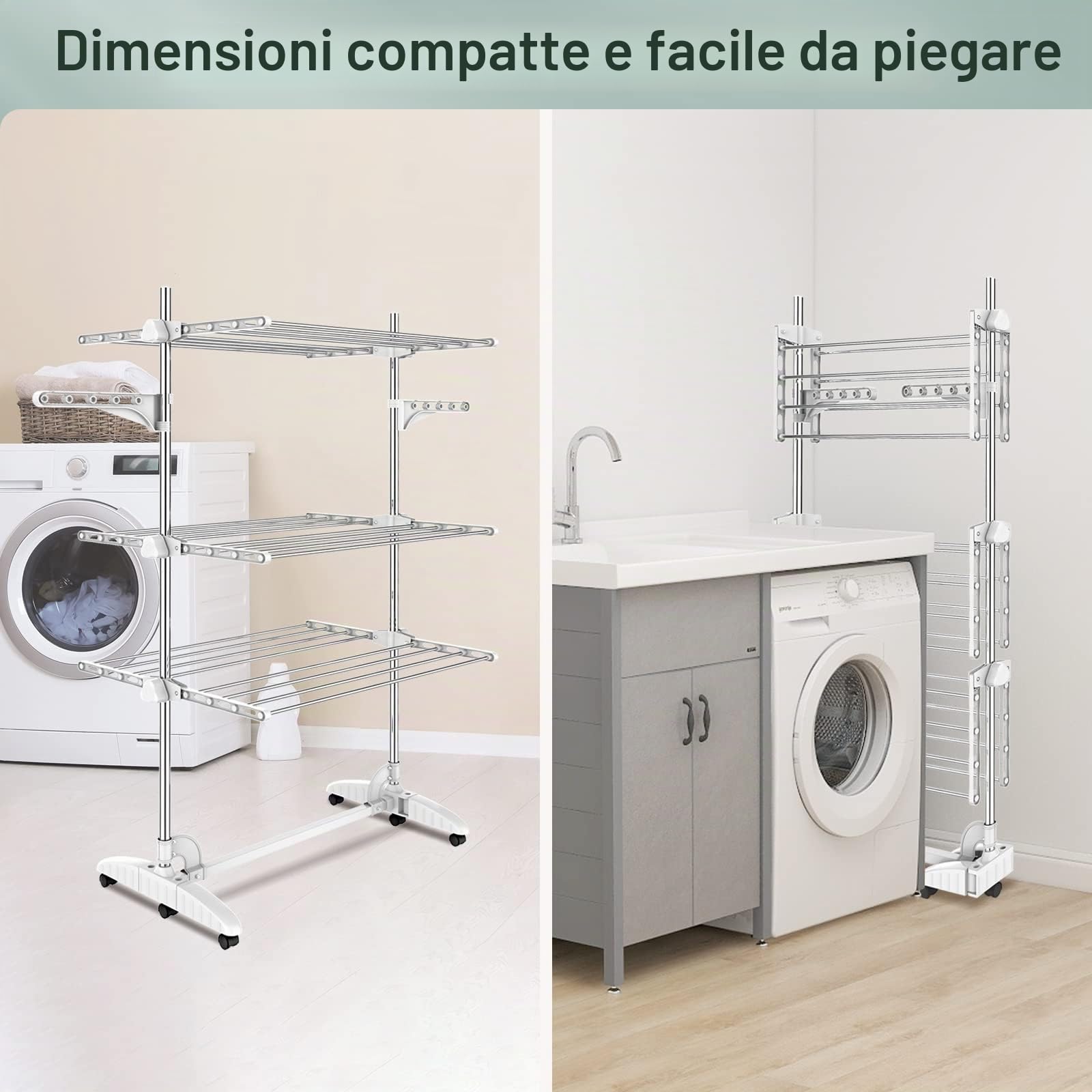 Todeco Estante para Secado de Ropa, Tendederos Plegables 3 Niveles, Blanco | Tenderetes de Ropa con 6 Ruedas, 2 Alas, Estantes de Secado de Acero Inoxidable para Interior Exterior