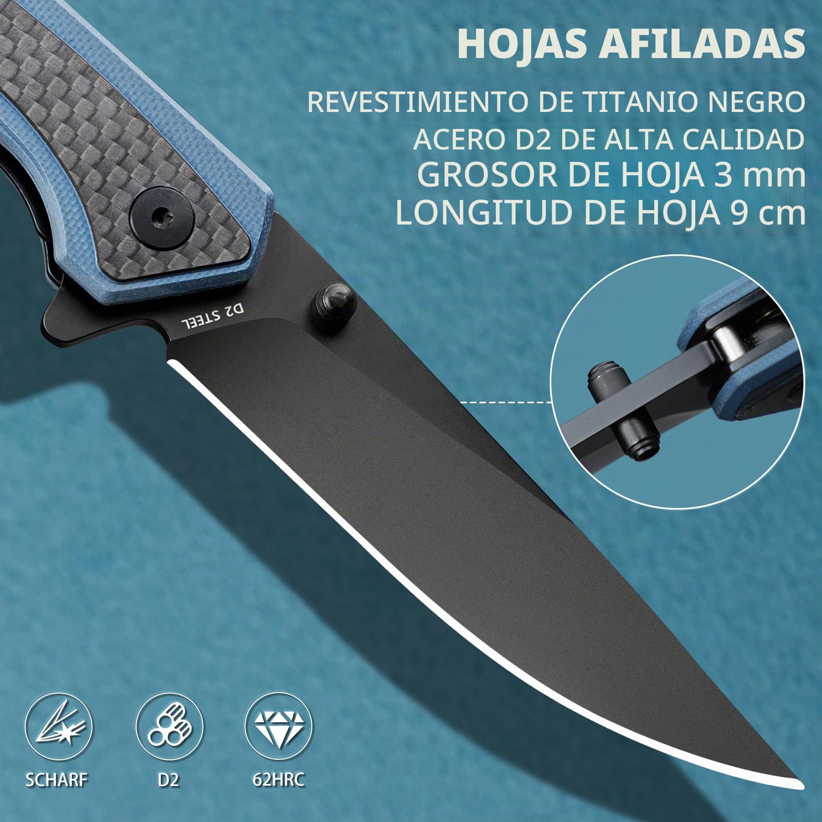 NedFoss Afilada navaja plegable, navaja de bolsillo con clip, cierre de forro seguro, Cuchillo de una mano de acero d2, adecuada para camping, Adecuado para camping, senderismo