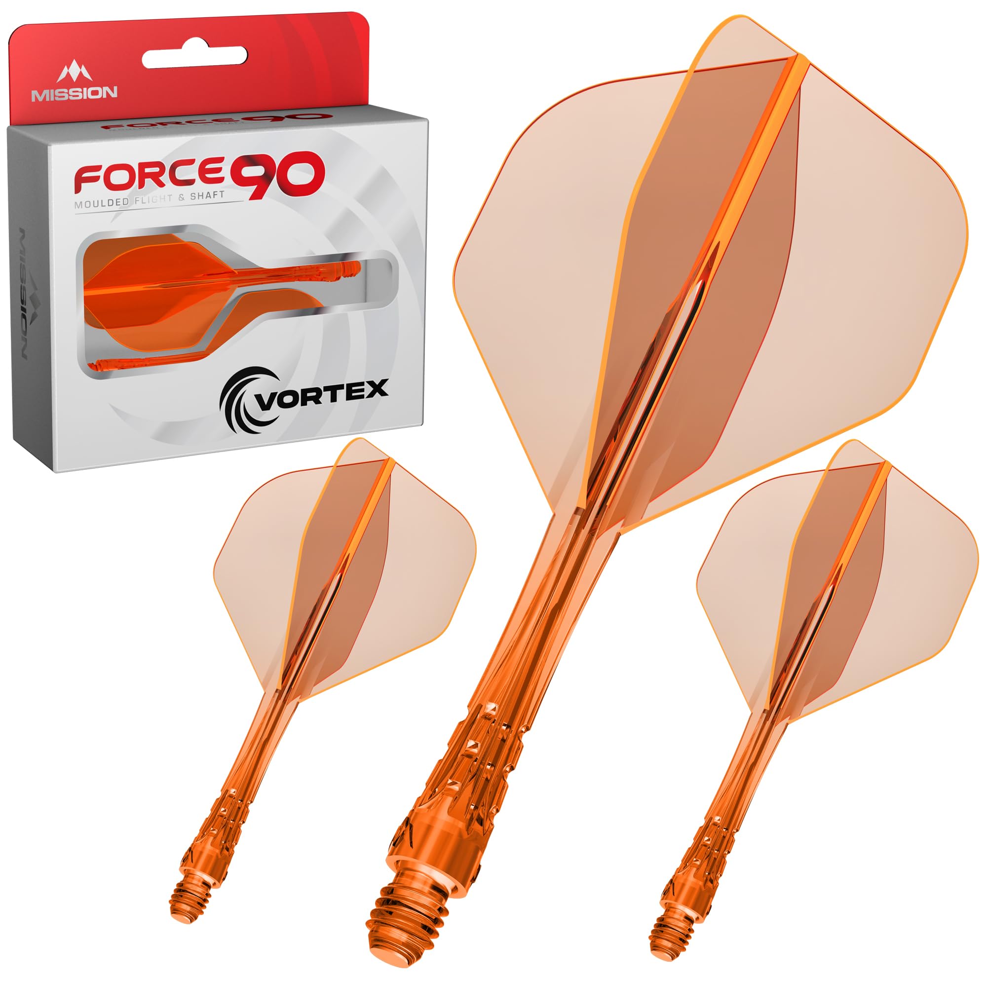 Mission Darts | Force 90 Vortex | Integrated Precision Moulded Dart Flight And Shaft System | Multiple Styles | Multiple Colours. (Standard No2 - Short, Clear Neon Orange)