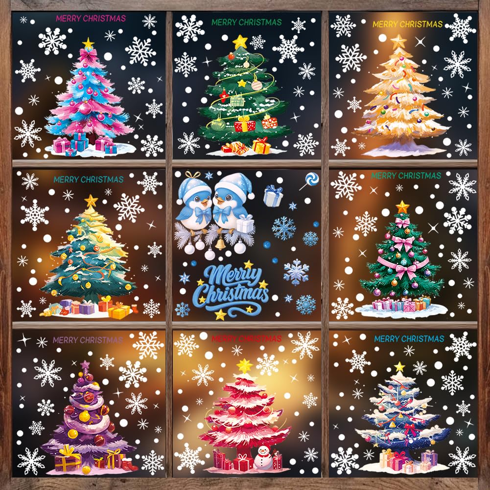 Christmas Stickers, Christmas Tree Snowflake Sticker Xmas Decorations Waterproof Vinyl Stickers Merry Christma Decoration for Window Home Envelope Scrapbook Gift 9 PCS