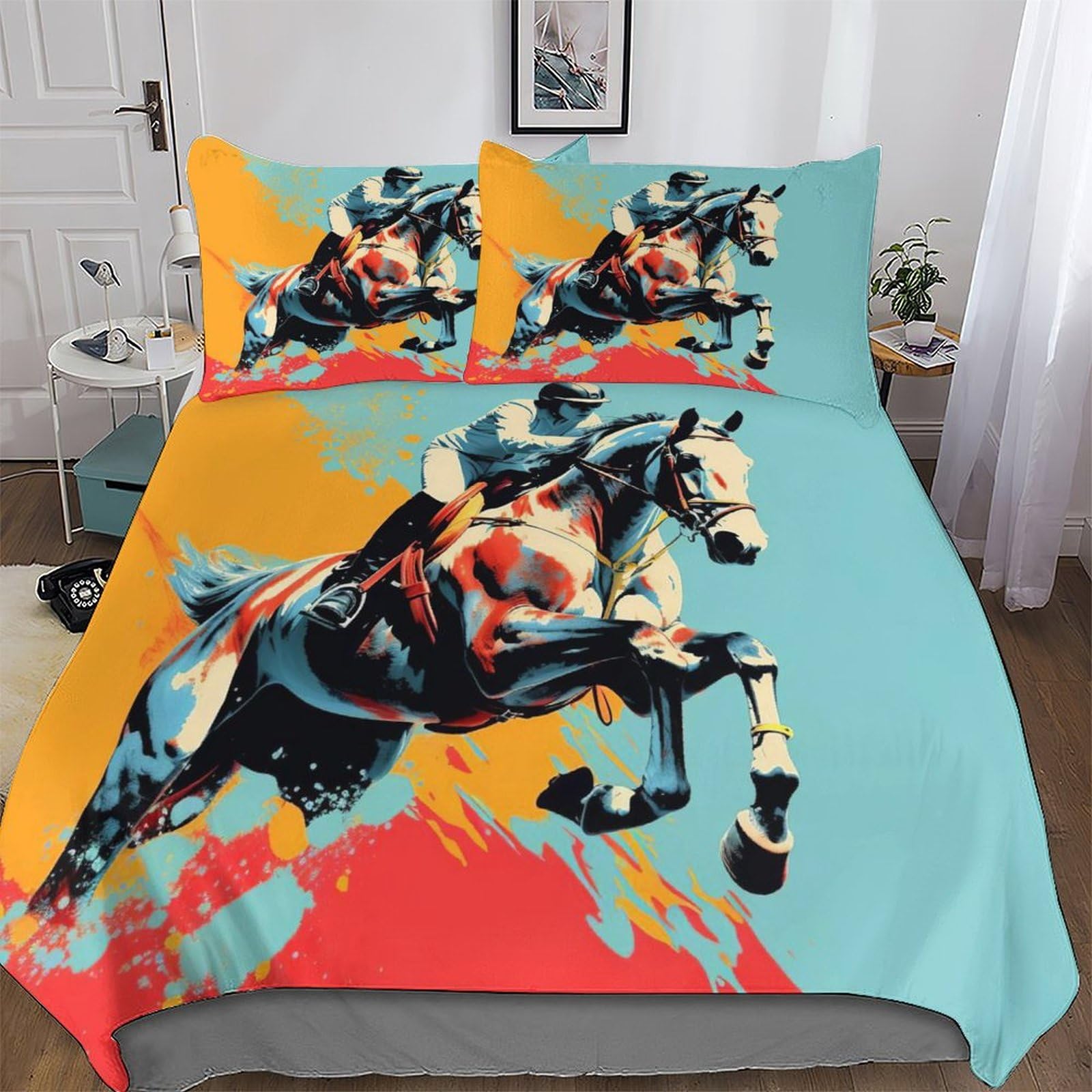 Housse de couette cheval racing hypoallergénique en tissu microfibre douce pour lit king