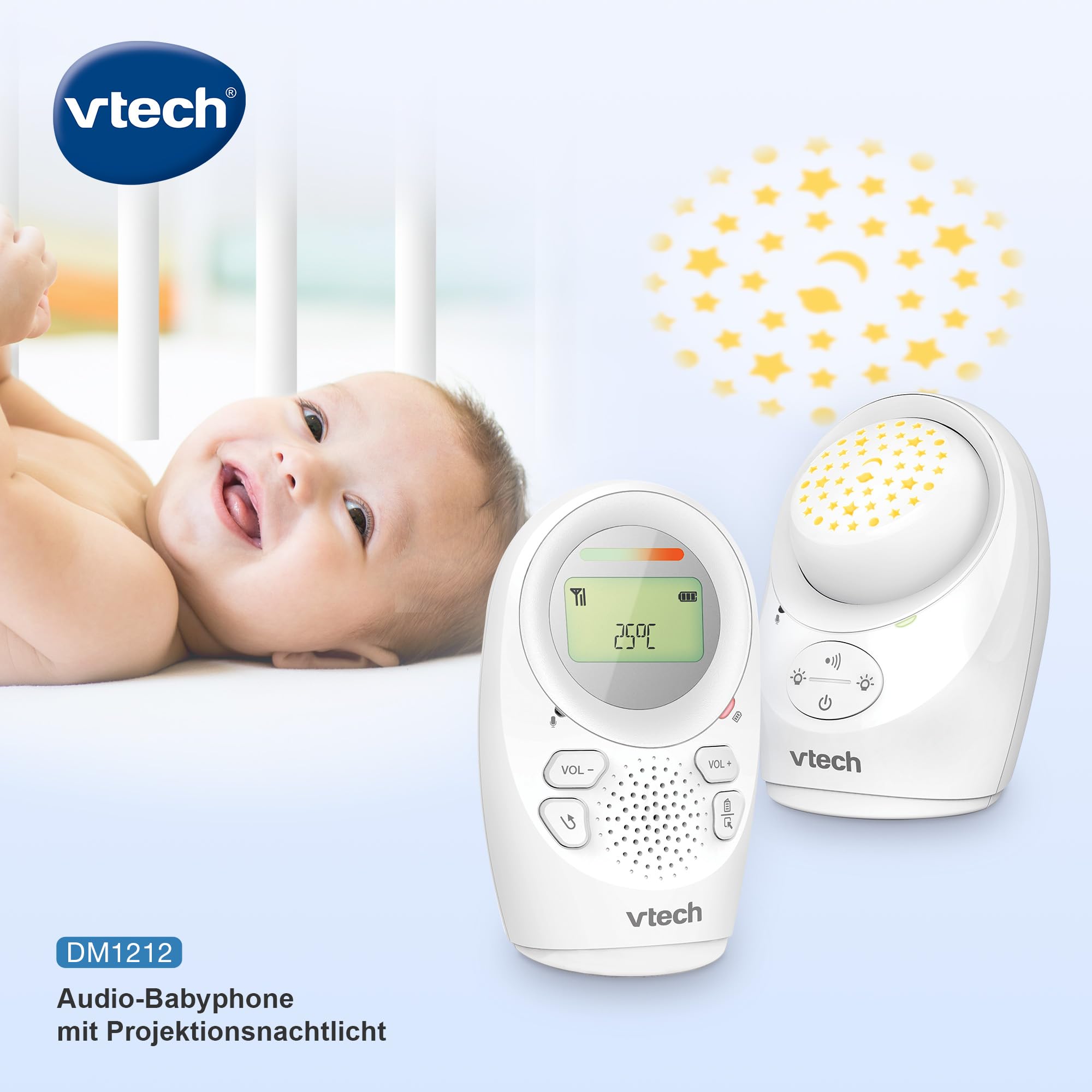 Vtech DM1212 Digitales Audio-Babyphon – DECT-Technologie, Gegensprechfunktion, Geräuschpegelanzeige, Temperatursensor, Sternenhimmel-Nachtlicht u. v. m. – Mit Eltern- und Babyeinheit