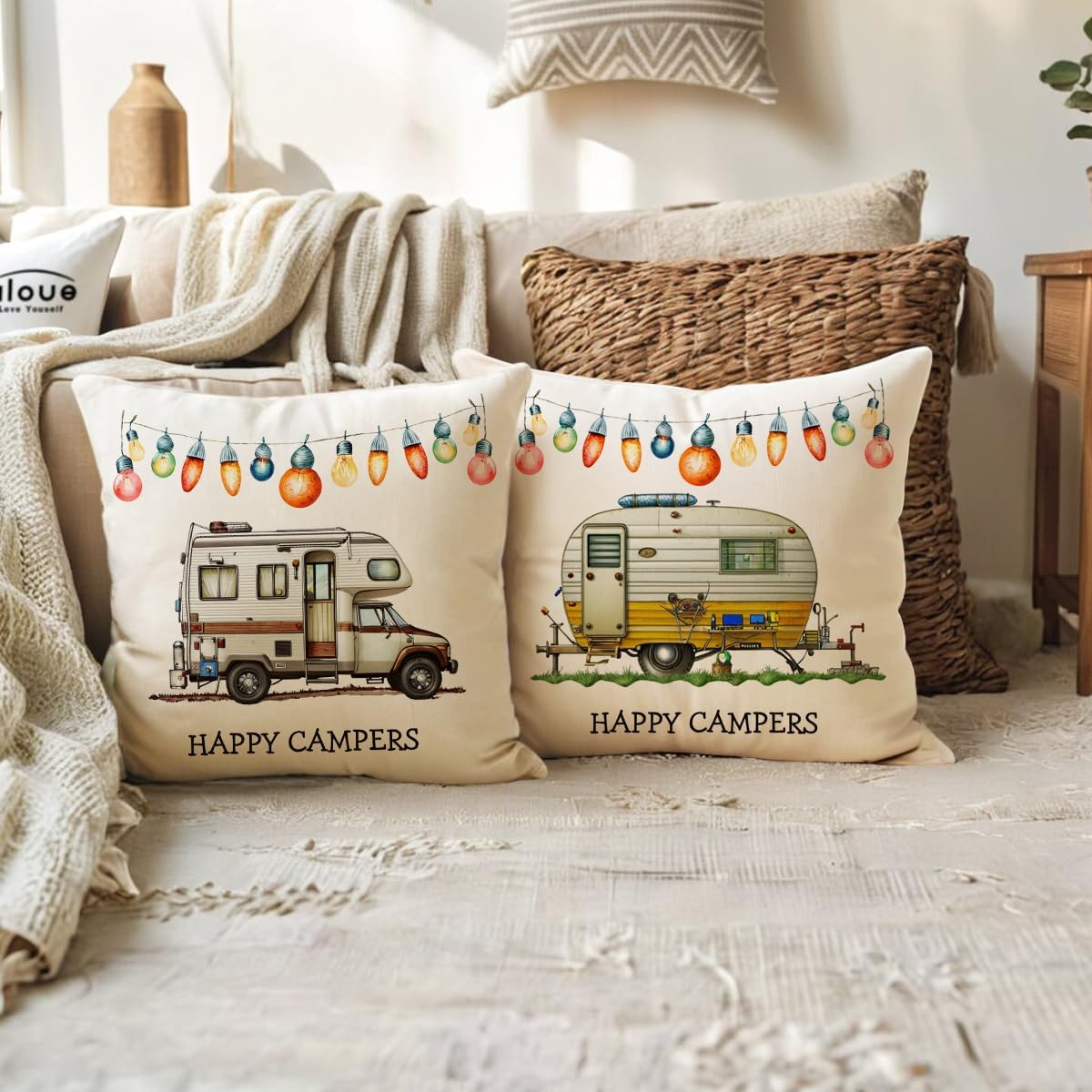 ULOVE LOVE YOURSELF Camper Throw Pillow Cover 18 x 18 Inch Happy Campers Decorative Pillowcases Camper Accessories for Travel Trailers RV Camping Gifts (Yellow) image 4