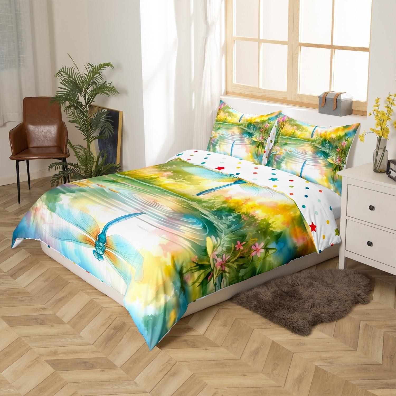 Dragonfly Duvet Cover Set Toddler,Watercolor Summer Pond Bedding Set 2Pcs for Kids GirlsRoom Decor,Botanical Flowers Leaves Comforter Cover (Not Comforter),Bedding Set 2 Pcs with 1 Pillowcase