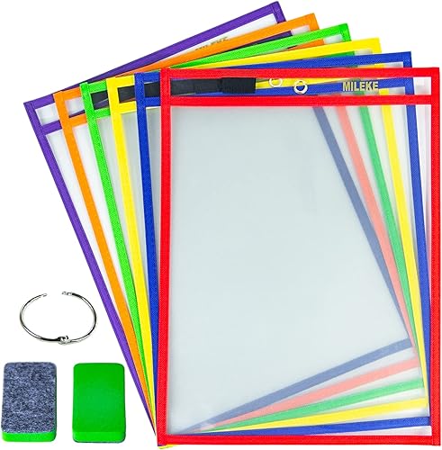 MILEKE Bolsillos de borrado en seco, fundas de plástico transparente de borrado en seco, hojas A4 de borrado en seco para enseñanza y dibujo, hojas
