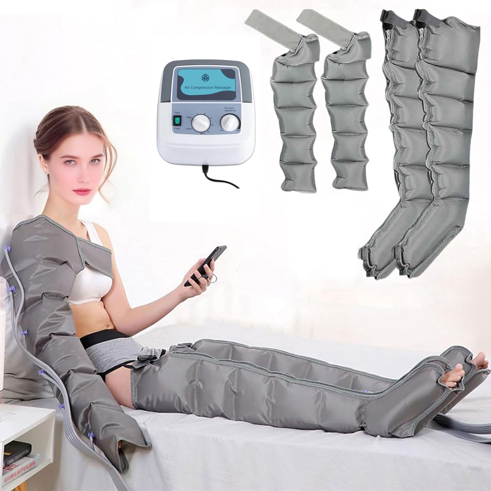 SXSLTSA 6 Cavity Pressotherapy Air Compression Leg Foot Massager, Lymphatic Drainage Massager Legs Lymphedema, Leg Compression Sleeve Machine, Blood Circulation, Timed and Adjustable Pressure