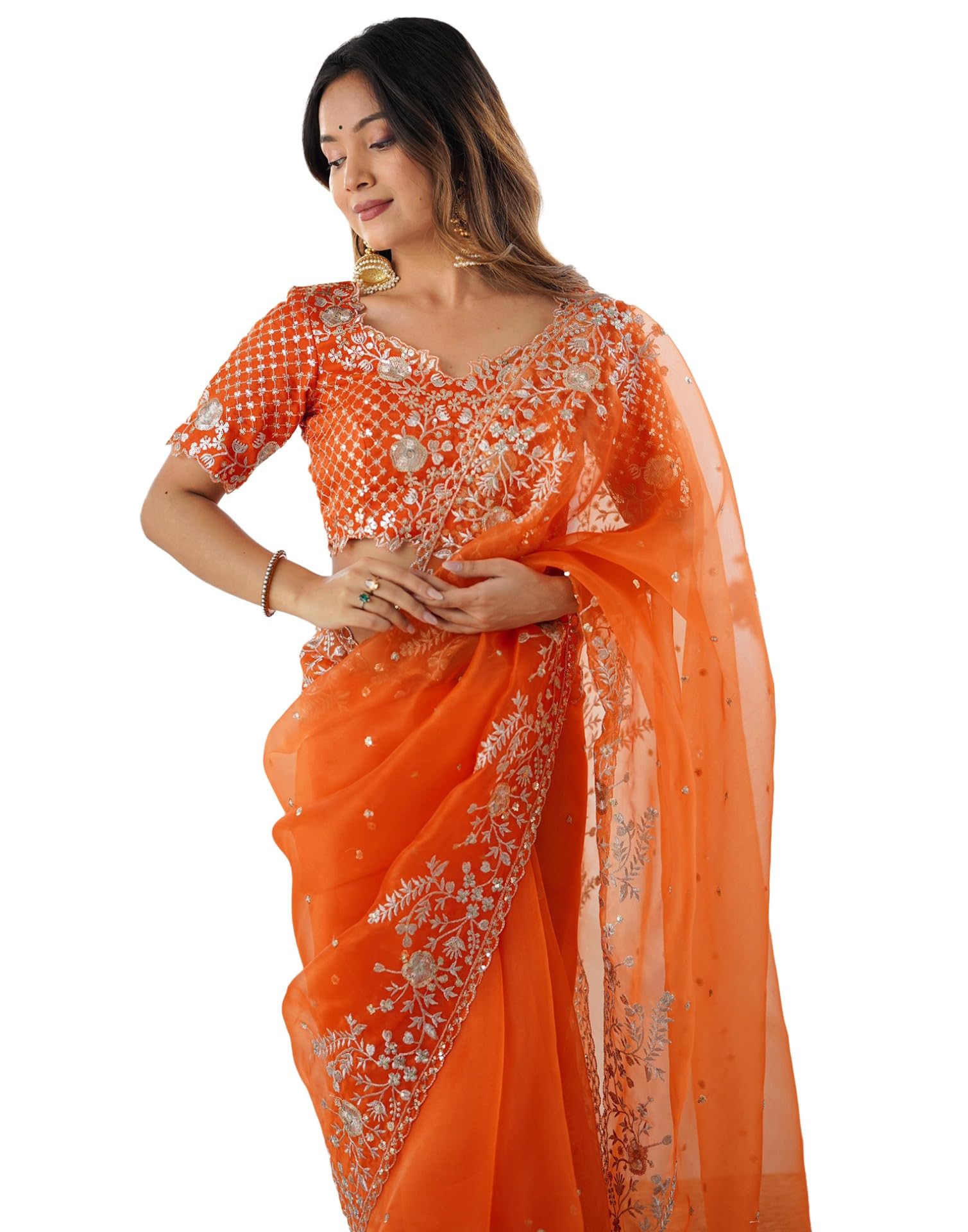 Women's Organza Sequence Embroidery Saree With Unstitched Blouse Piece-image-14