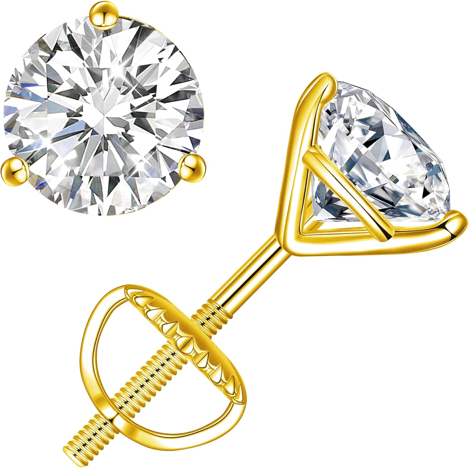 Moissanite Earrings, Screw Back Earrings for Women S925 Sterling Silver Hypoallergenic Earrings 18k Yellow Gold Plated Lab Created Moissanite Earrings D Color Brilliant Round Cut 0.3-3ct