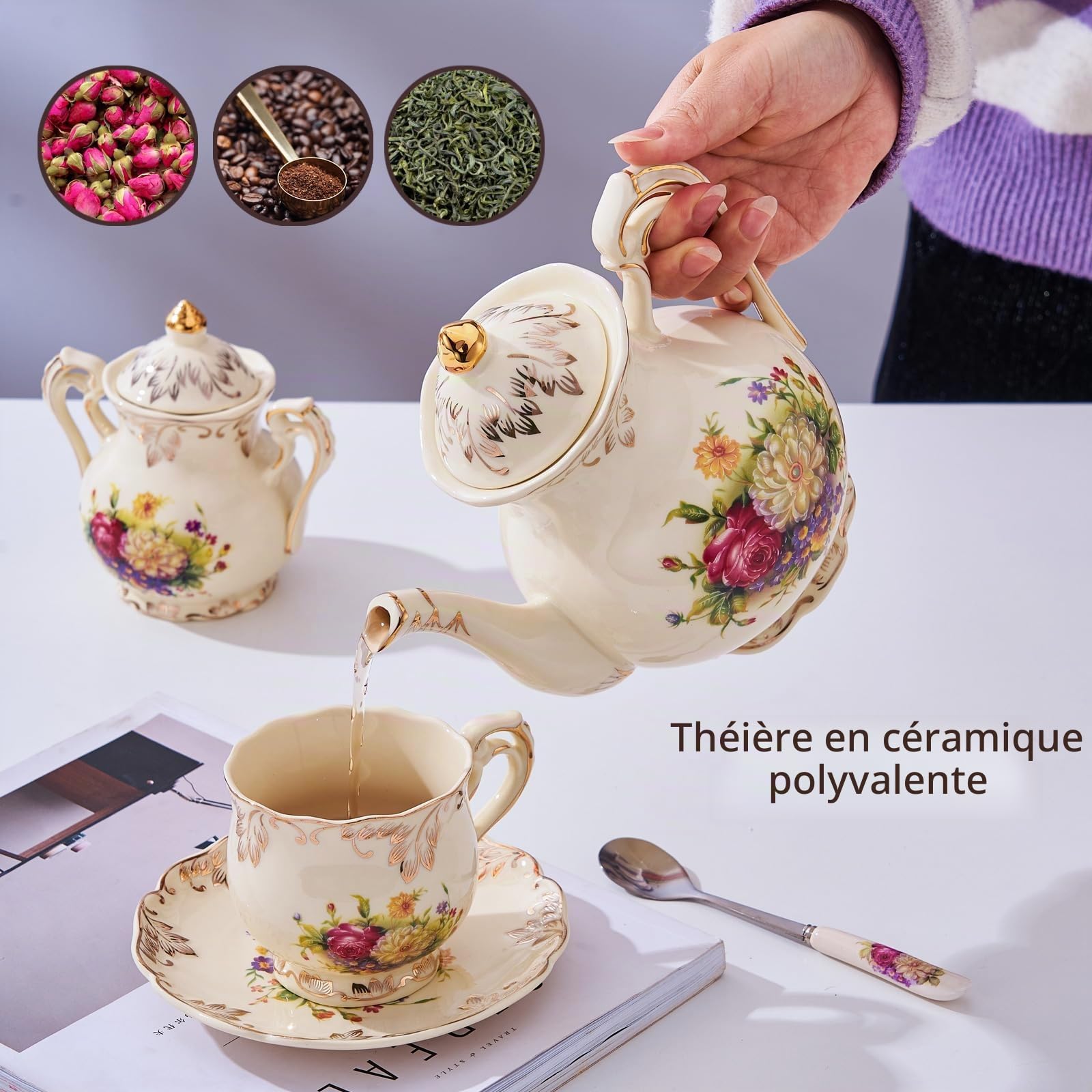 YOLIFE Théière Un Classique En Céramiques, Motifs de fleurs, Phnom Penh, 850ML