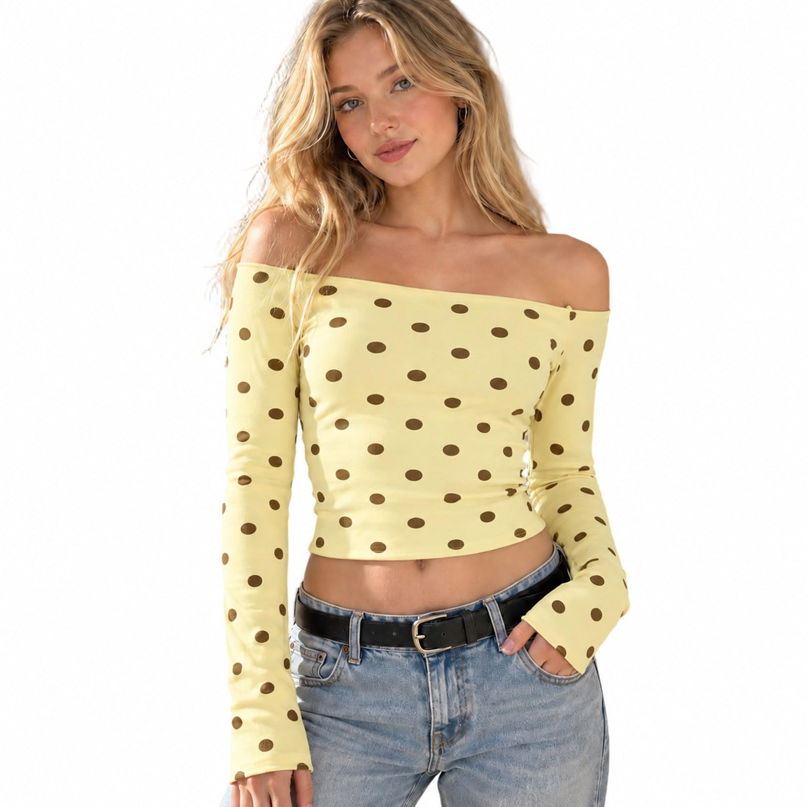 Striped Long Sleeve Top Women Striped Halloween T-Shirt Round Neck Slim Fit Top Off Shoulder Crop Tops Y2k Long Sleeve Going Out Tops Casual Witchy Style Blouse for Halloween Party Wear — image 1