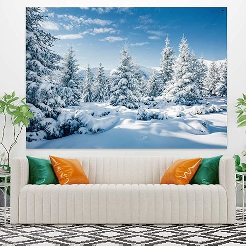 Miniatura 4 de Arrebolart Tapiz de bosque de invierno para colgar en la pared, pinos en tapiz nevado, tapiz de paisaje de Feliz Navidad, arte de pared para niños,