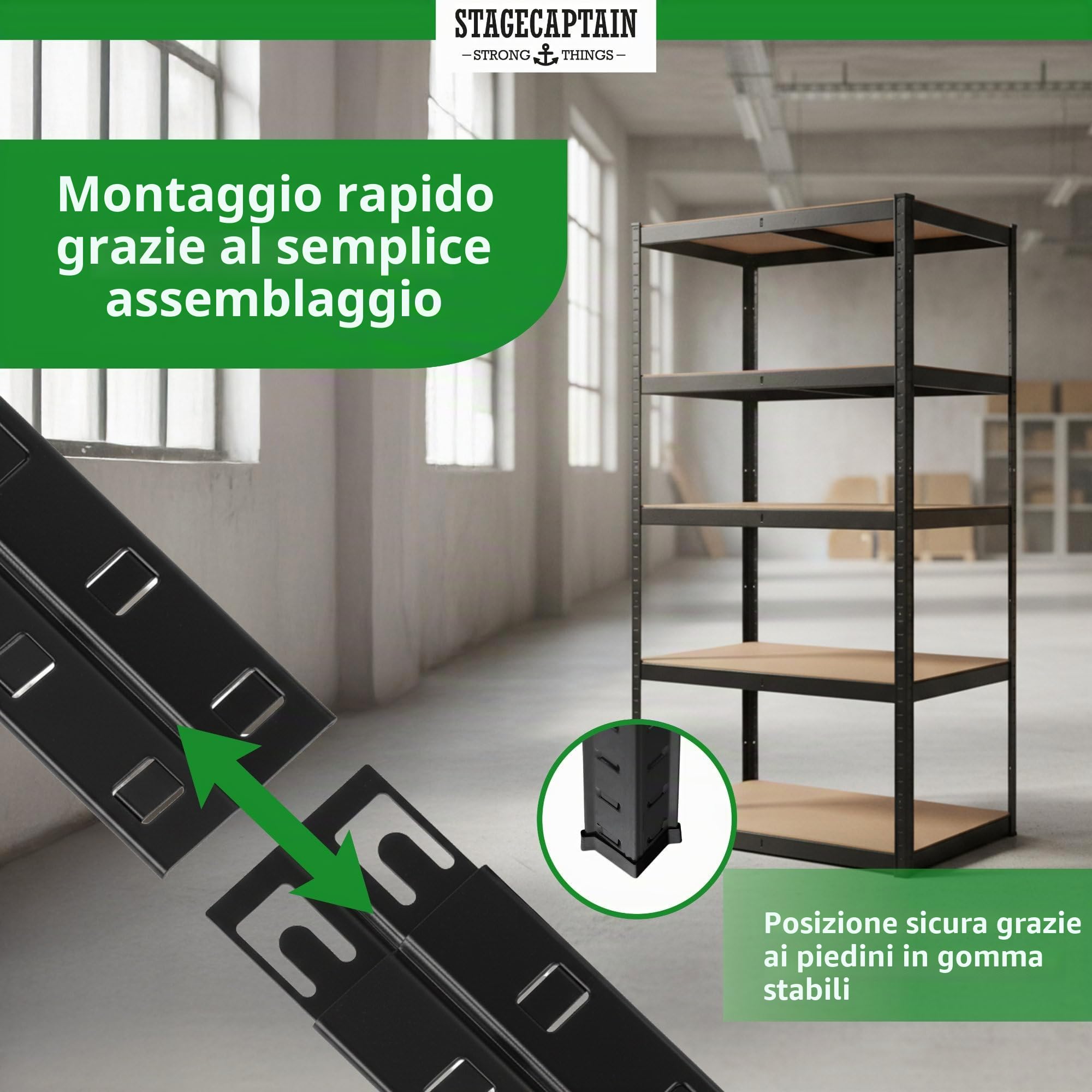 Stagecaptain Heavyrack HR-175 BK Sistema di 4 Scaffali in Metallo - Scaffalatura per magazzino - Scaffale per carichi pesanti - 875kg di capacità di Carico - 5 ripiani in legno regolabili - Nero