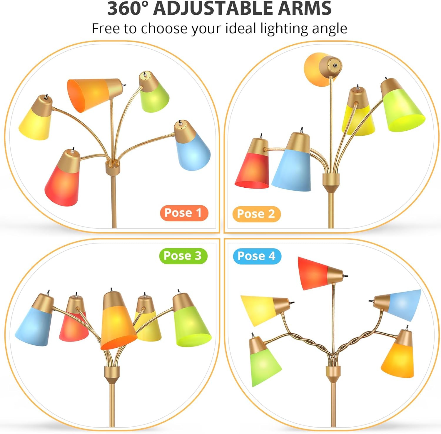 FOLKSMATE LED Floor Lamp, Medusa Multi Head Modern Tall Standing Lamps, Adjustable Corner Reading Floor Light for Living Room, Bedroom, Kids Room, White and Colored Lampshades, Brass Gold