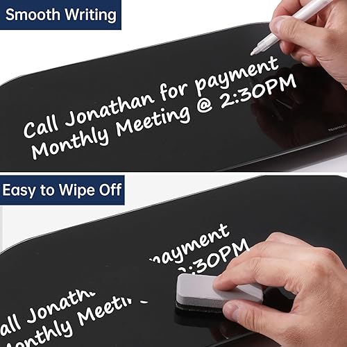 Vista 5 de TSJ OFFICE Glass Desktop Whiteboard - 17 X 7 Inches Small Dry Erase Board with Warm Light, Black Glass White Board Surface Notepad with 1 Drawer