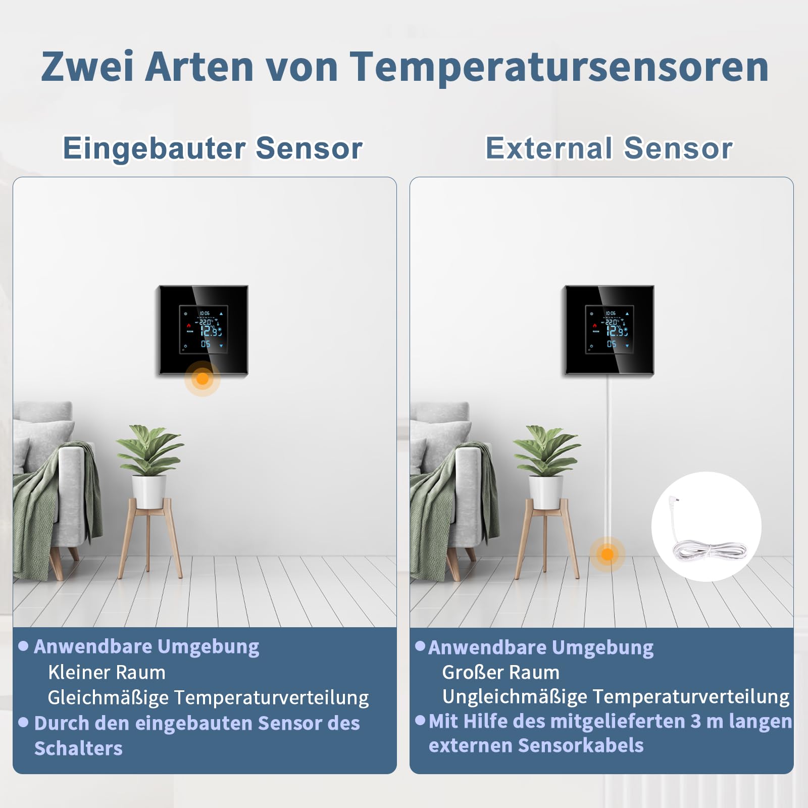 CNBINGO Termostato intelligente da incasso con sonda, termostato digitale per acqua, riscaldamento a pavimento e caldaia, compatibile con Alexa e Google Assistant, controllo vocale, nero con cornice