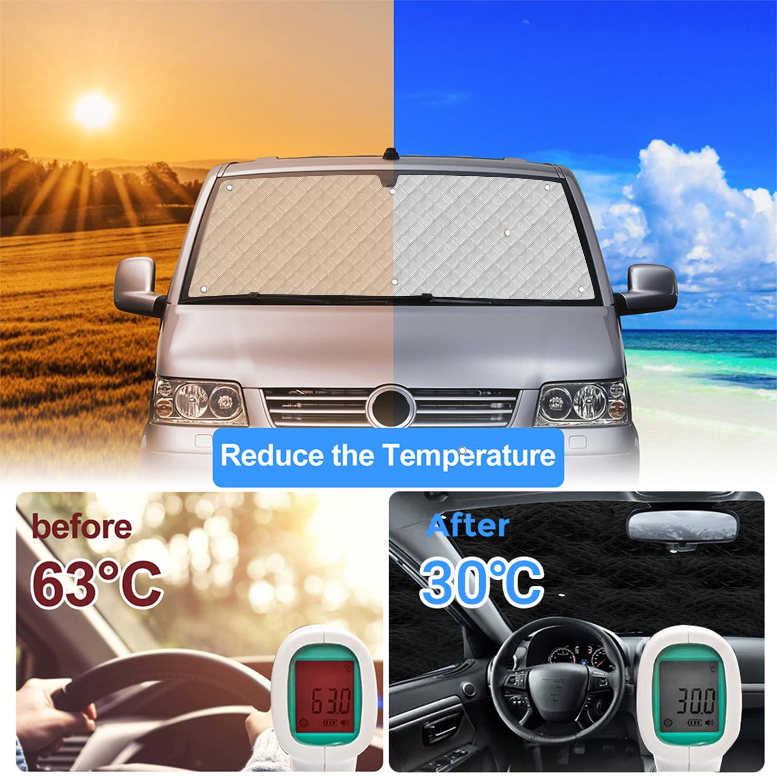 Parasol para parabrisas de coche compatible con Fiat Ducato, Peugeot, Boxer Citroën Jumper 2006-2026, 3 unidades de protección solar para parabrisas con bolsa de almacenamiento, 100% oclusión