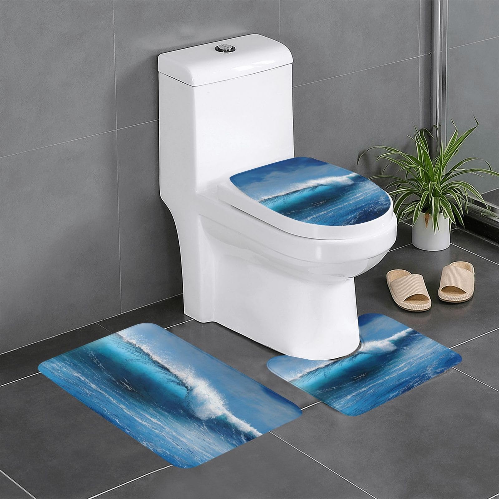 Tapis de bain 3pcs océan bleu et housse d'abattant antidérapant pour douche