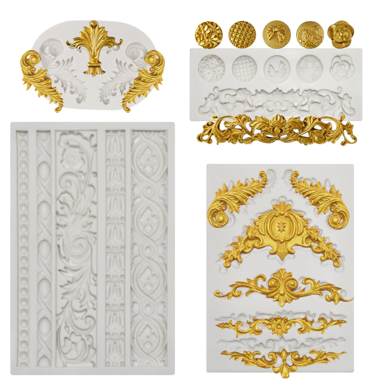 4 Pieces Baroque Silicone Fondant Mold Scroll Border Lace Silicone Molds Curlicues Gum Paste Candy Chocolate Molds for Cake Decorating Sugar Craft Polymer Clay