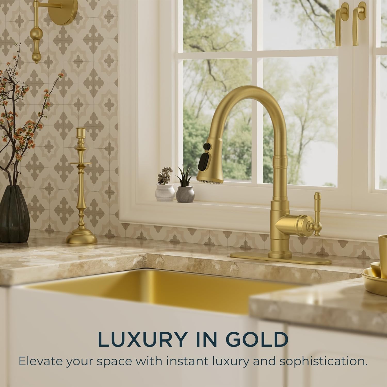 FORIOUS Vintage Kitchen Faucets with Pull Down Sprayer, Gold High Arc Single Handle Stainless Steel Antique Pull Out Sink Faucet for Farmhouse Camper Rv Bar, Fit for 1 or 3 Hole - Image 2