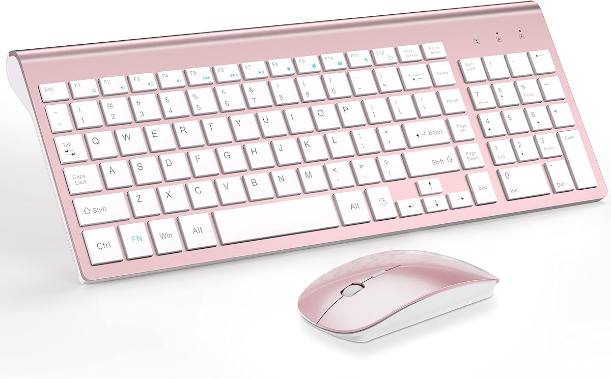 Wireless Keyboard and Mouse Ultra Slim Combo, TopMate 2.4G Silent Compact USB 2400DPI Mouse and Scissor Switch Keyboard Set with Cover, Batteries Included, for PC/Laptop/Windows/Mac - Rose Gold White : Electronics