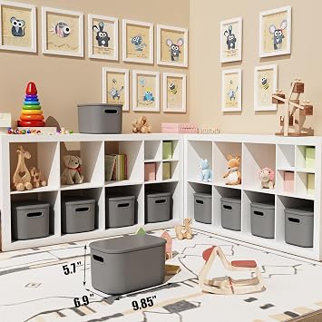 ORGIDOL 8 Pack Dark Grey Storage Bins with Lids Stackable Storage Container for Organizing, Storage Boxes with Handle for Shelves, Cute Organizer Bins for Craft, Snacks, 9.85x6.9x5.7 inch
