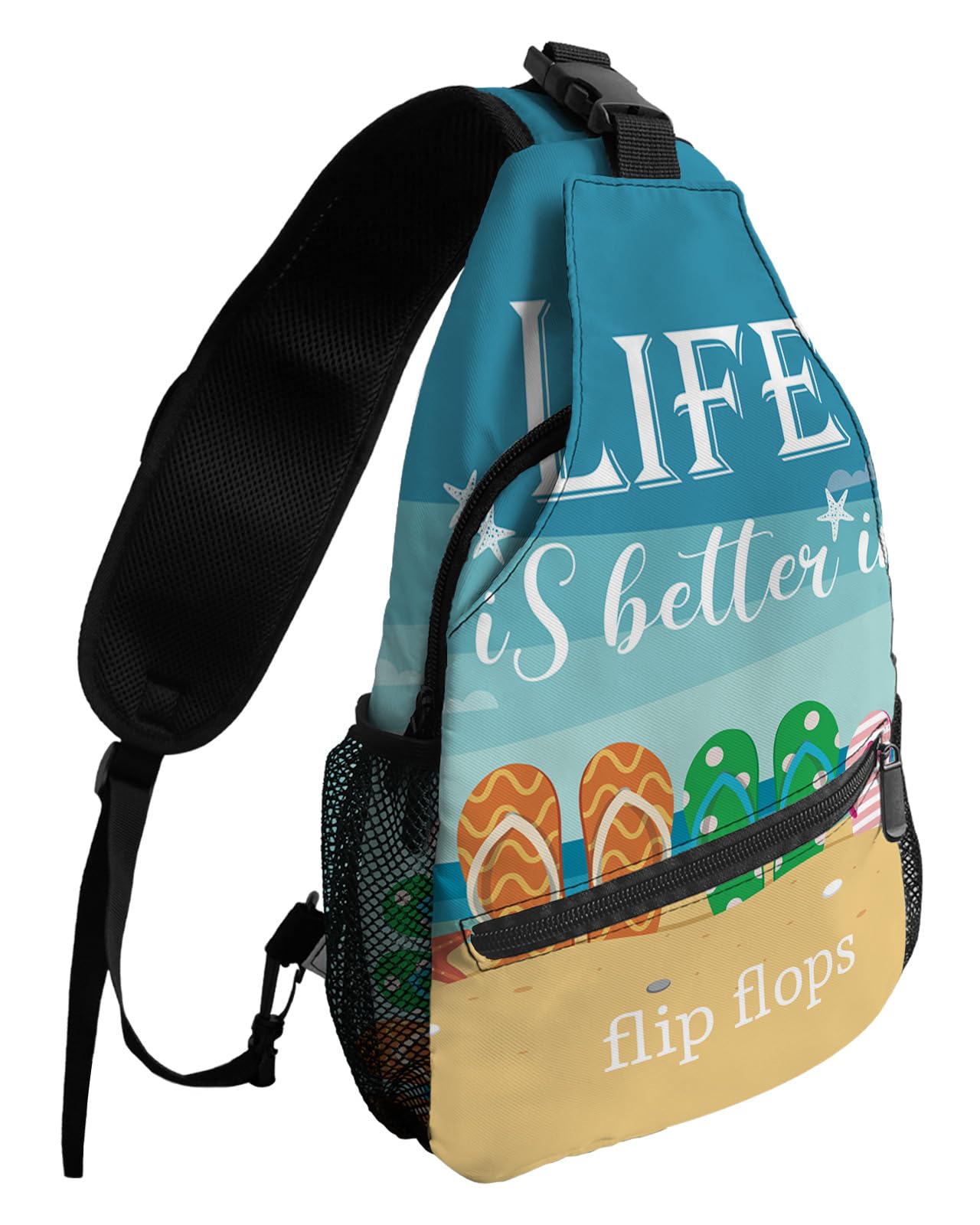 Sling Backpack, Life Is Better at the Beach Flip Flops Waterproof Lightweight Small Sling Bag, Travel Chest Bag Crossbody Shoulder Bag Hiking Daypack for Women Men