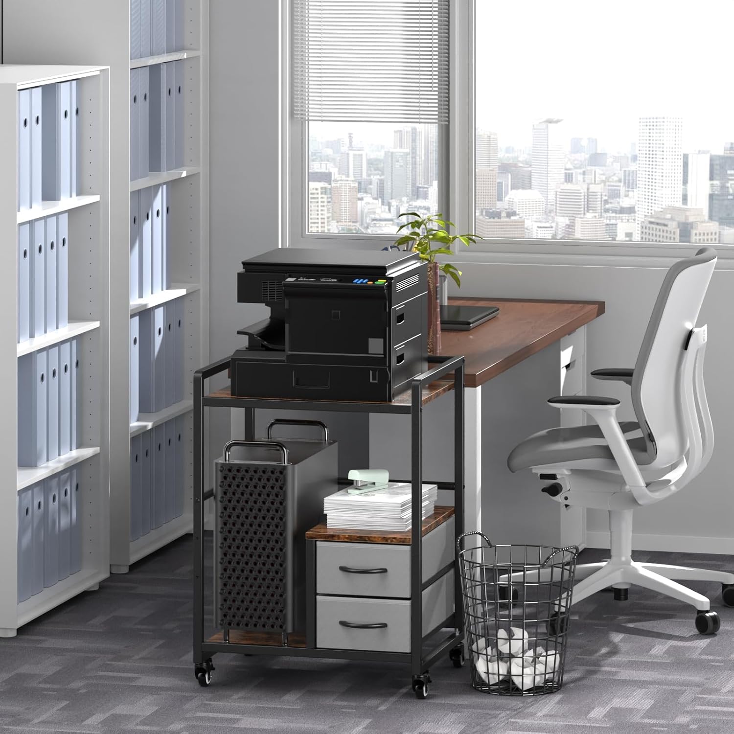 Large Printer Stand, 22 x 18.5 Inch Printer Table with Wheels for Home Office Storage and Organization, Mobile Rolling Printer Cart for Scanner Fax Host Computer CPU Shredder, Rustic Brown