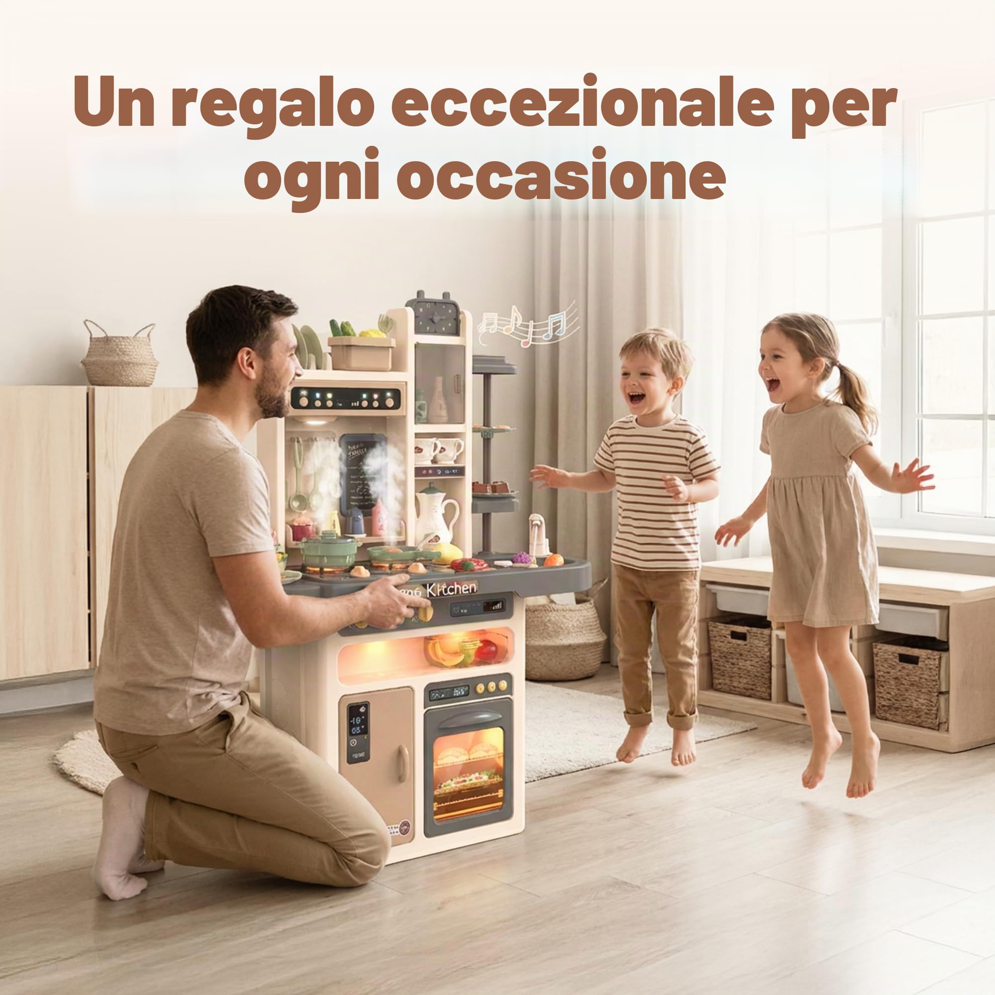 Kinderplay Cucina giocattolo per bambini – Vapore sicuro, luci e suoni – Gioco di imitazione 3+ con rubinetto a pompa – 65 accessori, 71×28,5×93,5 cm, KP3297