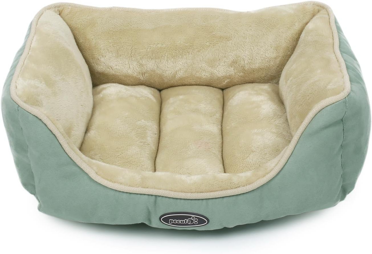 Dog Bed Cat Pet Bed Machine Washable Luxury Soft PP Cotton-Filled Coral Fleece Bed for Small Medium Large Pet Green and Beige