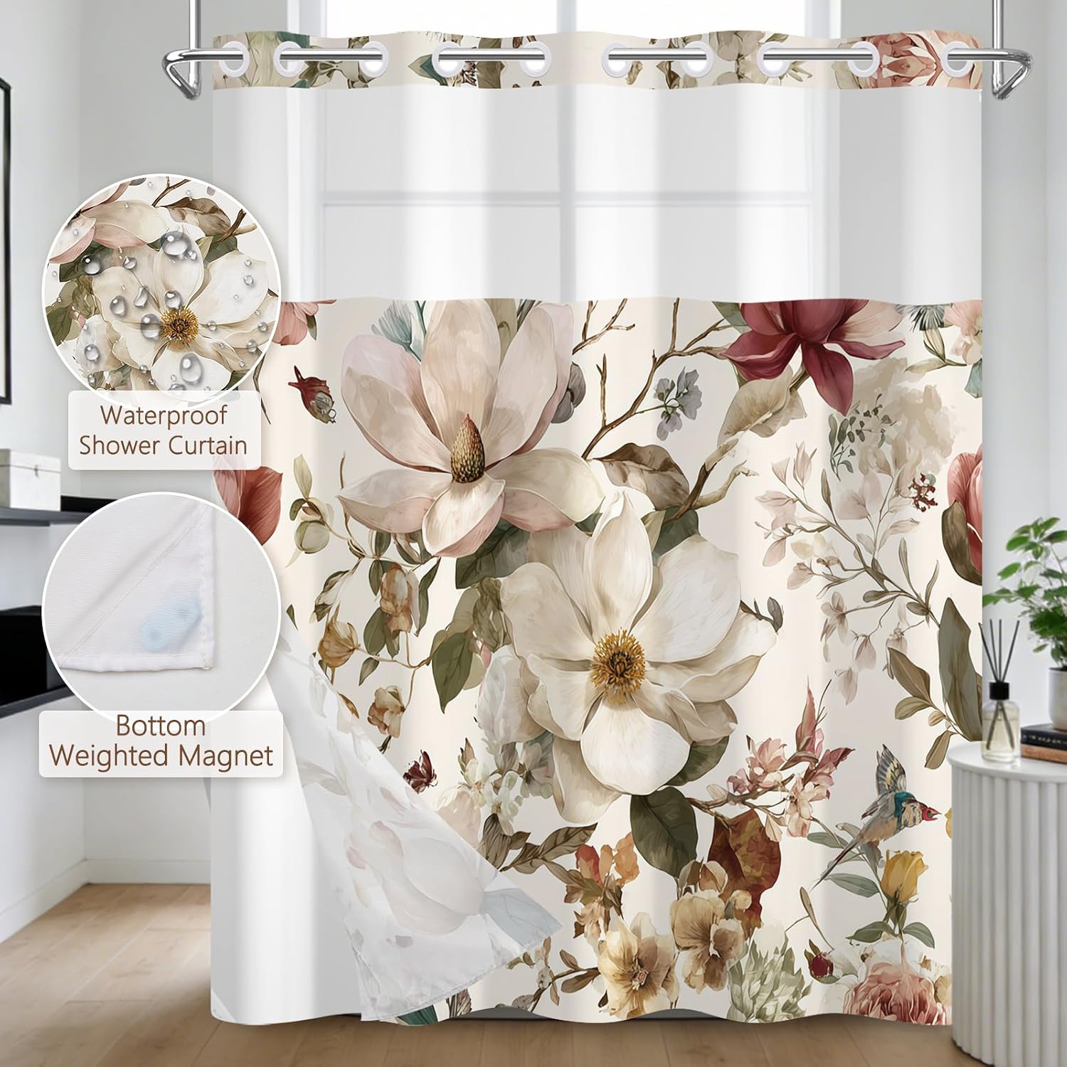 No Hook Floral Shower Curtain with Liner 71 x 74 Inch - Beige Watercolor Magnolia Pattern, Waterproof Fabric Bath Curtain with Mesh Top for Vintage and Romantic Bathroom Decor