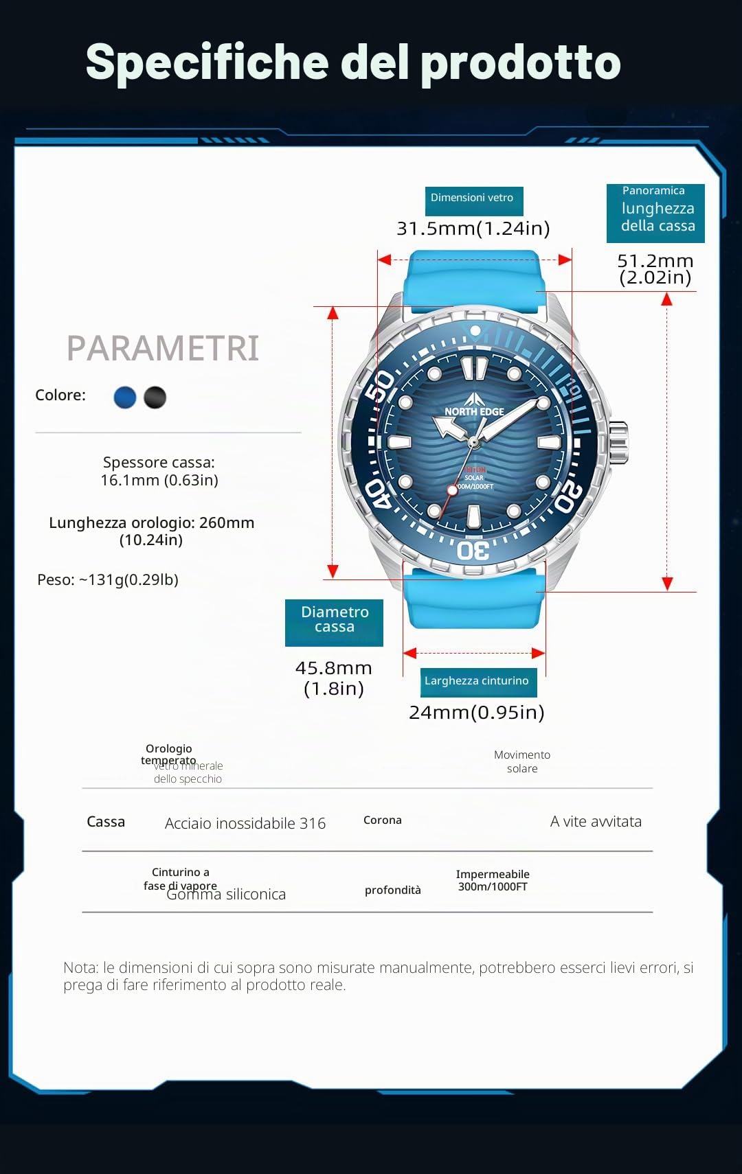 NORTH EDGE TRITON e TRITON-TI Orologi Solari 300 m | Orologio subacqueo solare 300 m con cassa in acciaio inox o titanio, ghiera unidirezionale e lancette luminose