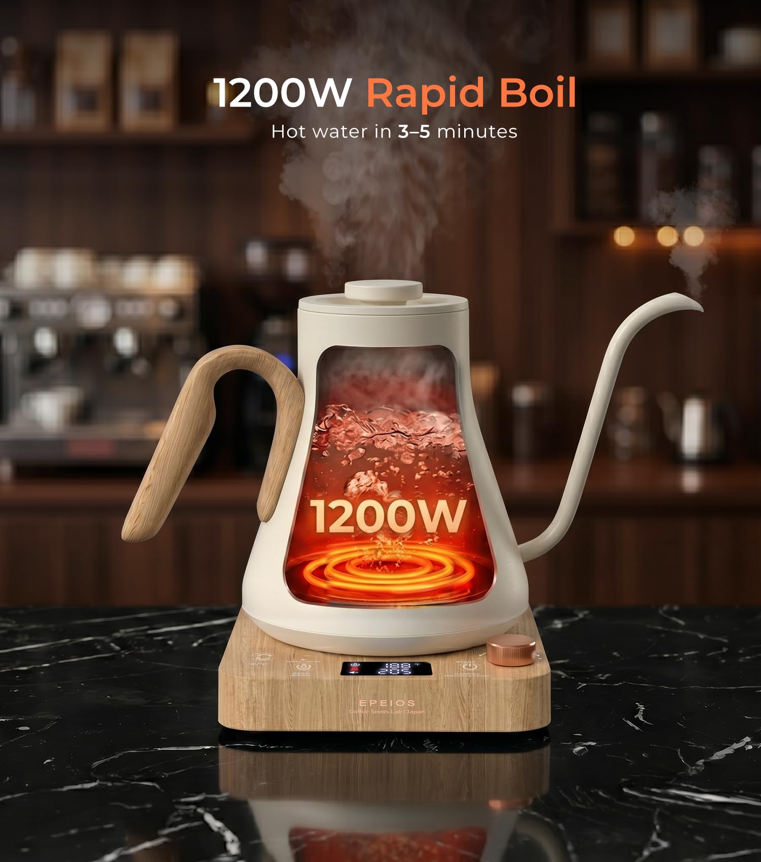 Epeios Gooseneck Electric Kettle ±1°F Temp Control,1200W,0.9L,White Walnut | Rapid Heating, Precision Pour-Over for Coffee & Tea,Smart Hot water Boiler, 304 Stainless Steel Interior, Auto Shut-Off