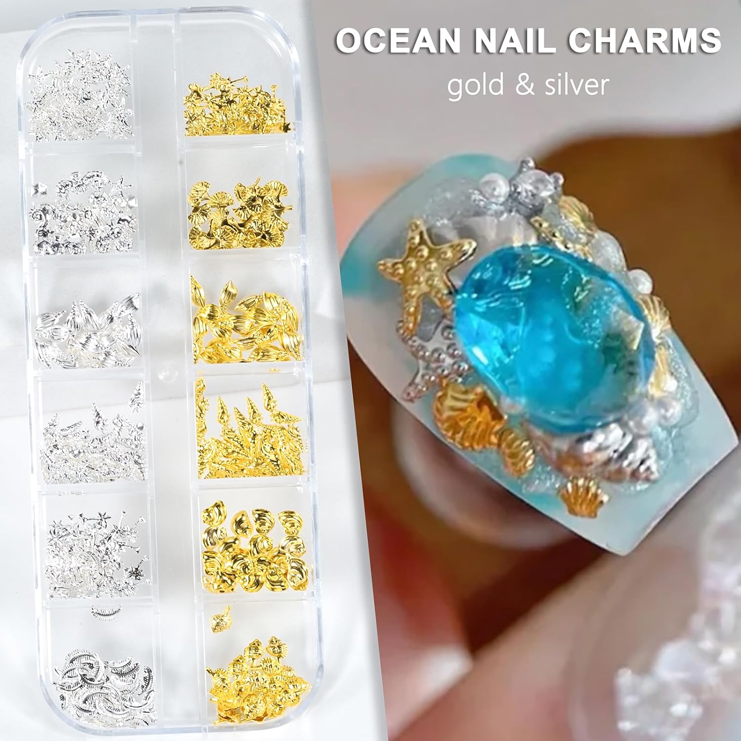 60Grids 3D Nail Art Charms Set, Half Round Flatback Pearl Nail Gems, Ocean Nail Charms, Steel Studs Metal Art Charm, 3D Star Cross Nails Charms for Women DIY Manicure Accessories