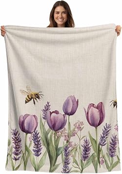 Purple Tulip Blanket Soft Cozy Warm Throw Blanket for Couch, Plush Fuzzy Flannel Fleece Blankets for Sofa, Spring Pastoral Flowers Bee Watercolor Bed Blankets Lightweight Gifts for Women, 40"x50"